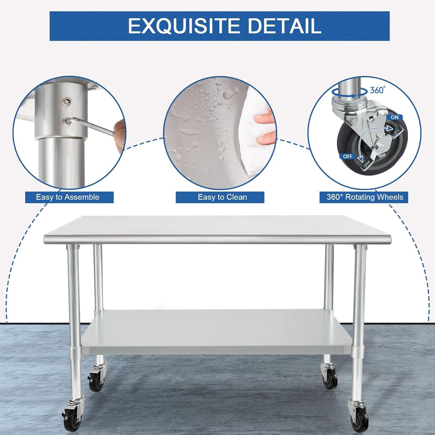 Stainless Steel Prep & Work Table with Caster Wheels, 48 x 30 Inches