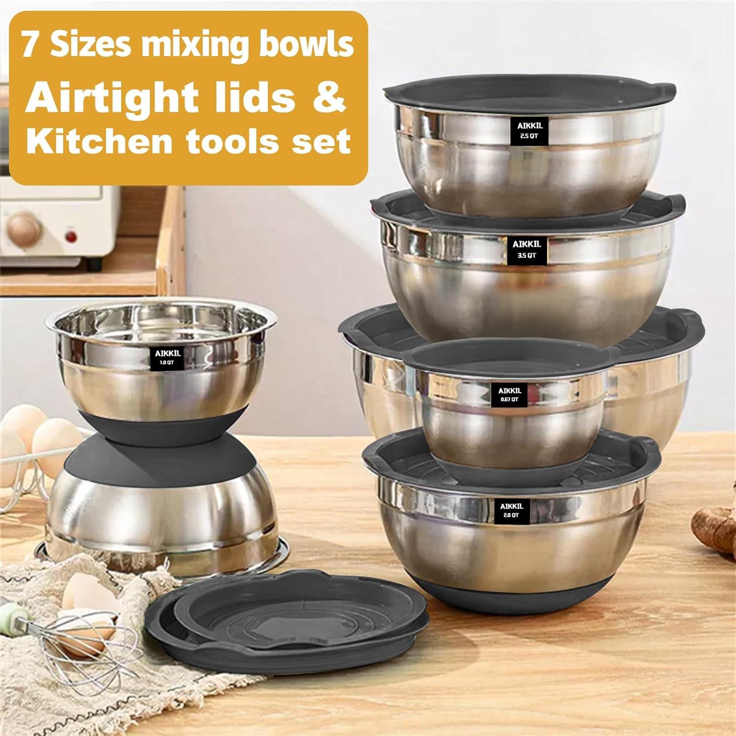 Stainless Steel Nesting Mixing Bowls Set with Lids and Accessories