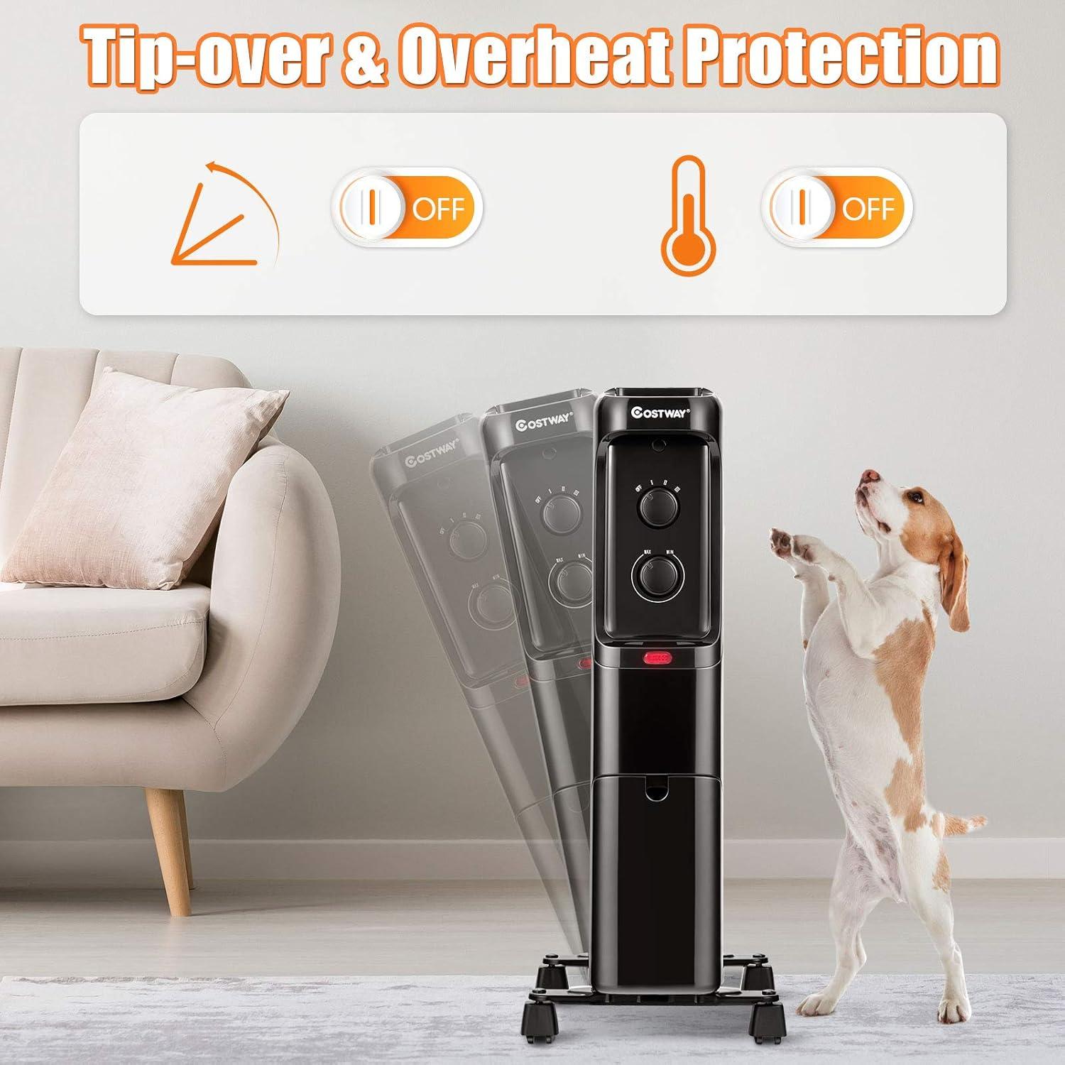 Costway 1500W Oil Filled Heater Portable Radiator Space Heater w/Adjustable Thermostat Black