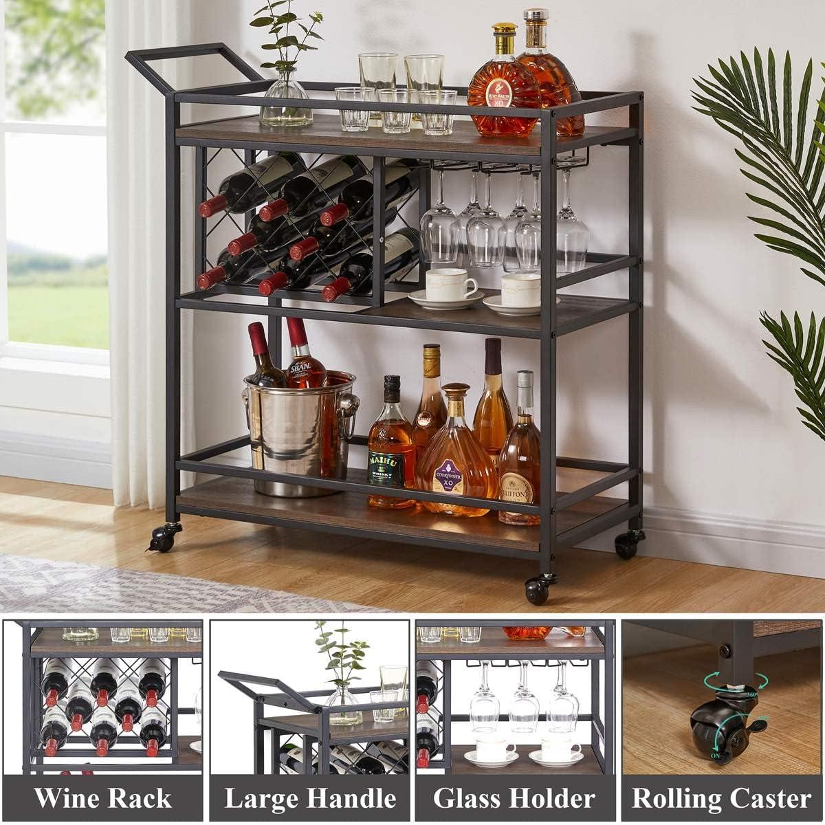 Costway 3-tier Bar Cart on Wheels Home Kitchen Serving Cart with Wine Rack & Glass Holder Rustic Brown