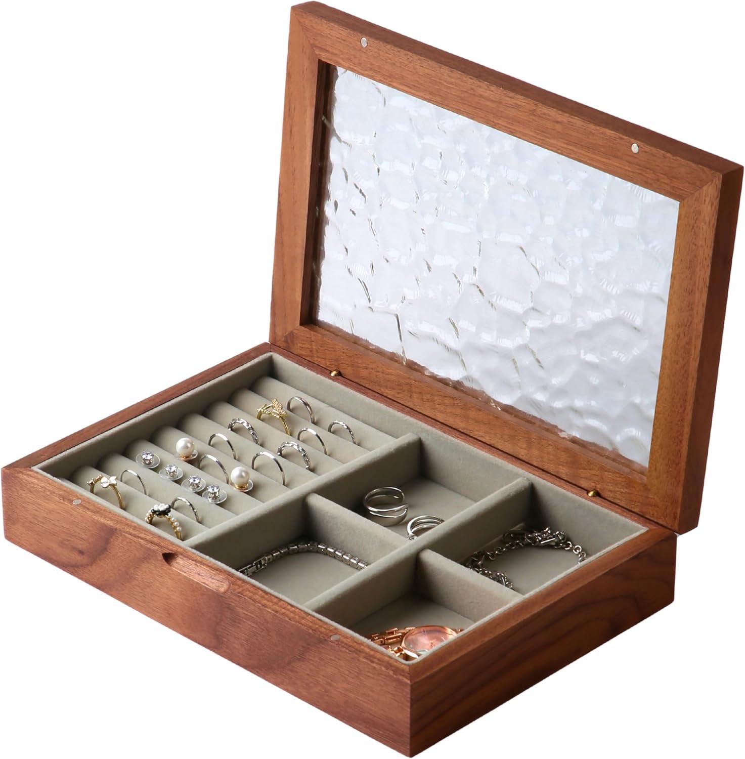 Medium Walnut Wood Jewelry Box with Glass Lid and Compartments