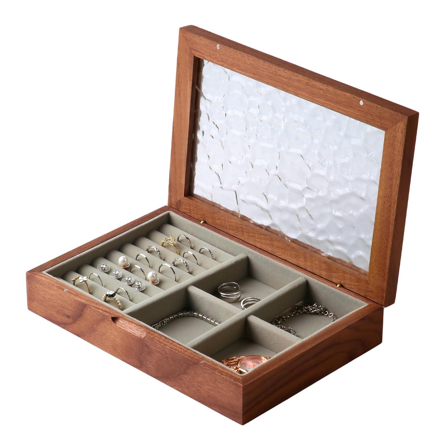 Wooden Jewelry Box, Medium Size Natural Solid Walnut Wood Girls Vintage Trinket Organizer With Large Storage,Walnut