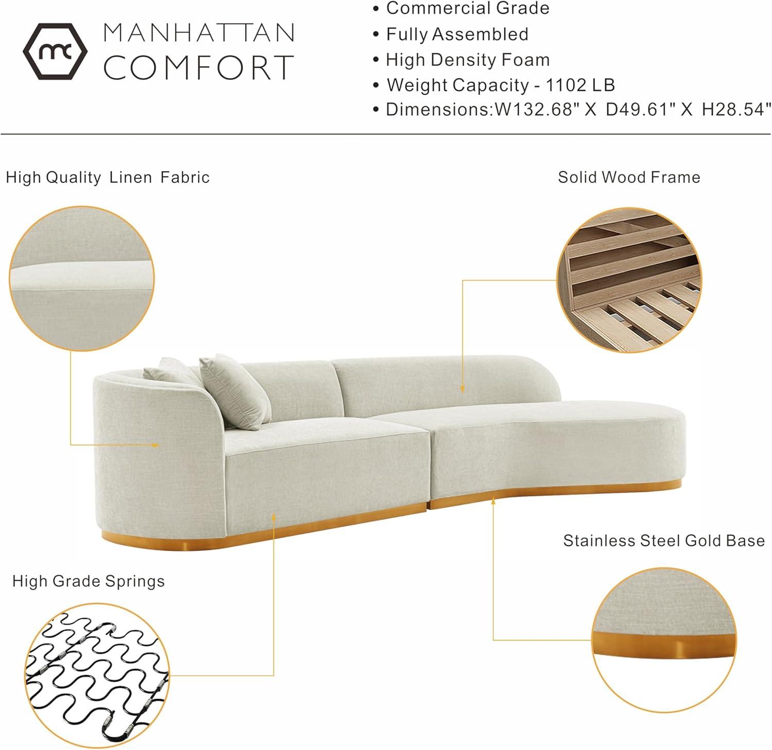 131.89" Daria Linen Upholstered Sofa Sectional with Pillows Ivory - Manhattan Comfort: Modern Modular, Pine Frame, Metal Legs