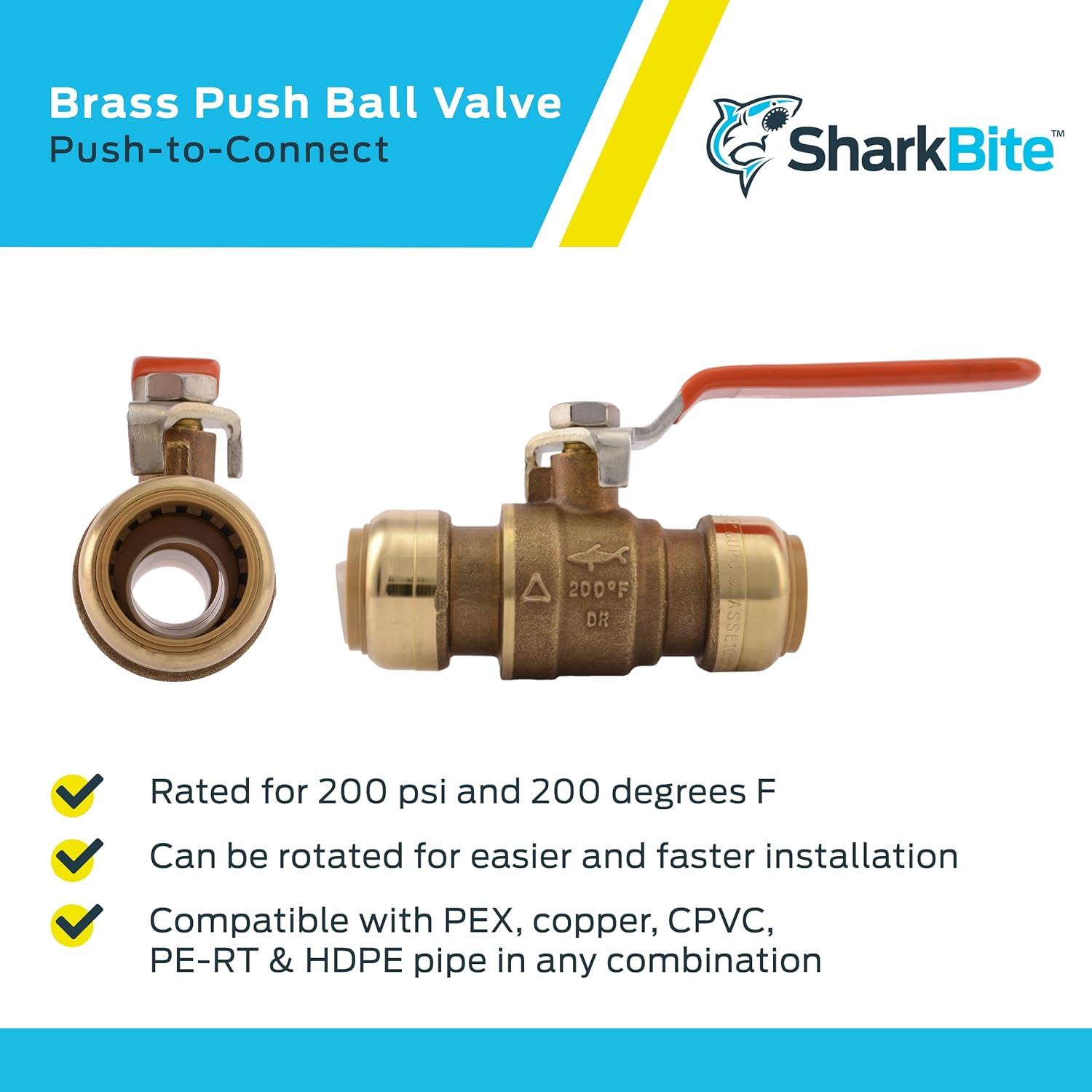SharkBite 22185-0000LF Ball Valve 3/4 in Push-Fit x 3/4 in Push-Fit 2 Ports/Ways Brass