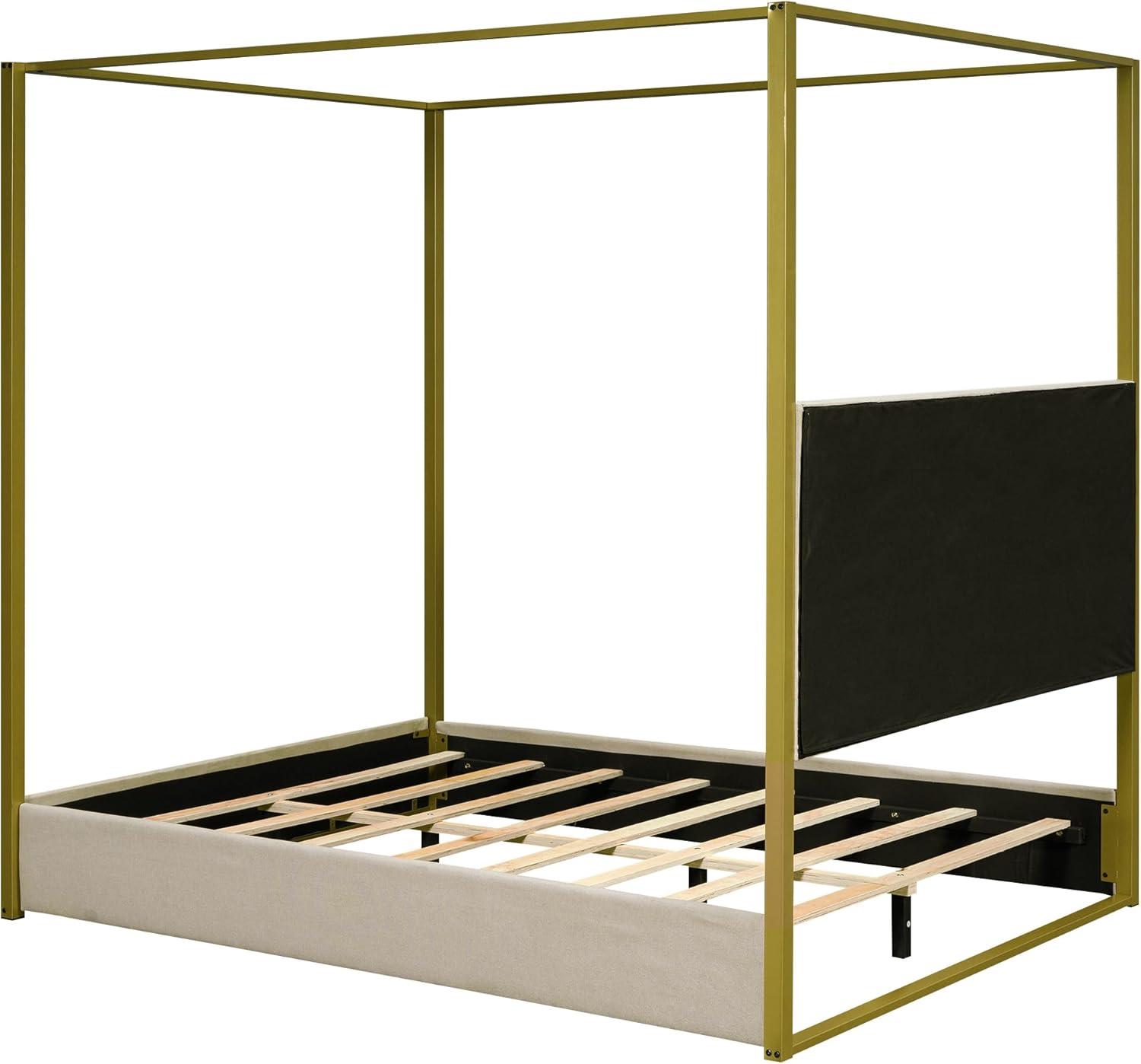 Harper & Bright Designs Queen Size Canopy Platform Bed with Channel Upholstery Tufted Headboard, Gold Metal 4 Post Canopy Bed Frame for Boys Girls Adult, Beige