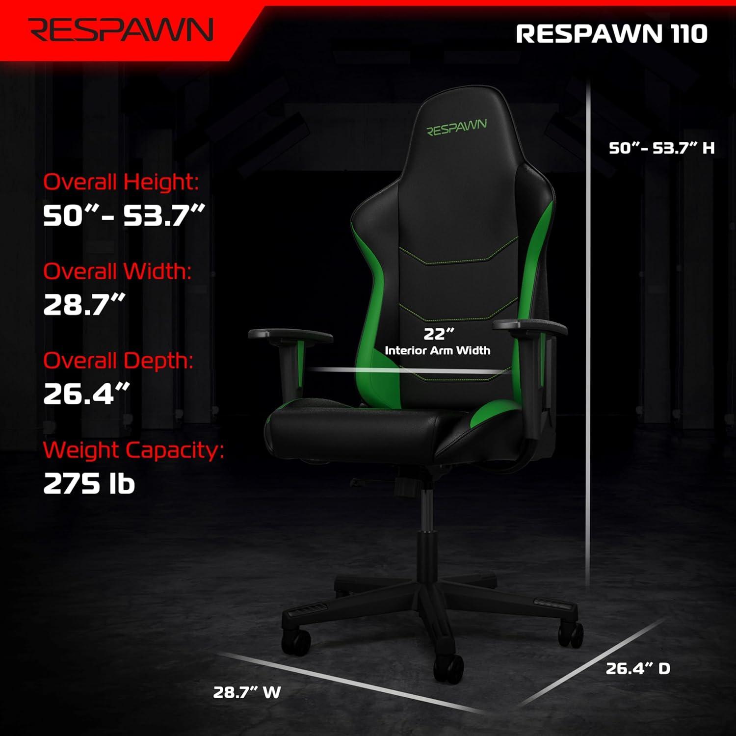 RESPAWN 110 Gaming Chair - Gamer Chair PC Computer Chair, Ergonomic Gaming Chairs, Office Chair with Integrated Headrest, Gaming Chair for Adults 135 Degree Recline with Angle Lock