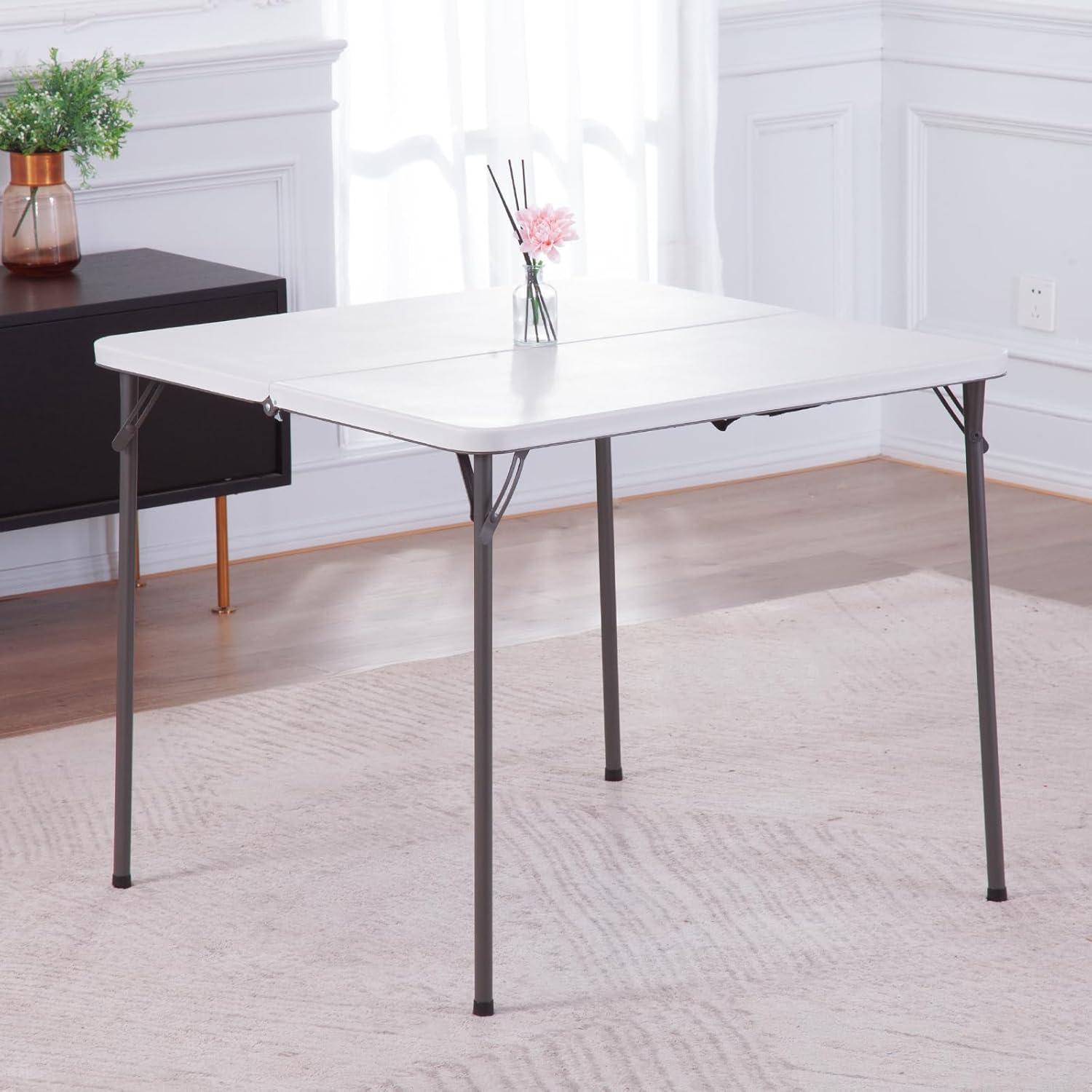 34" White Resin Folding Square Table with Alloy Steel Frame