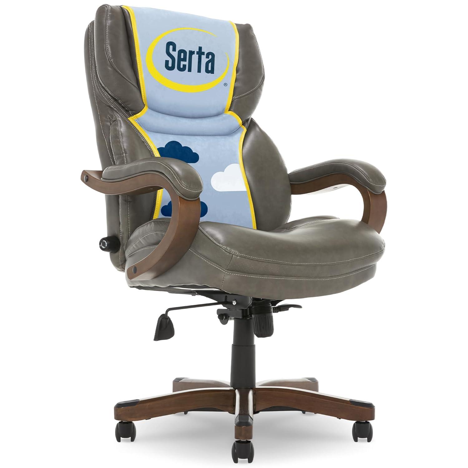 Big and Tall Executive Office Chair with Upgraded Wood Accents Mindset Gray - Serta: Bonded Leather, 350lb Capacity