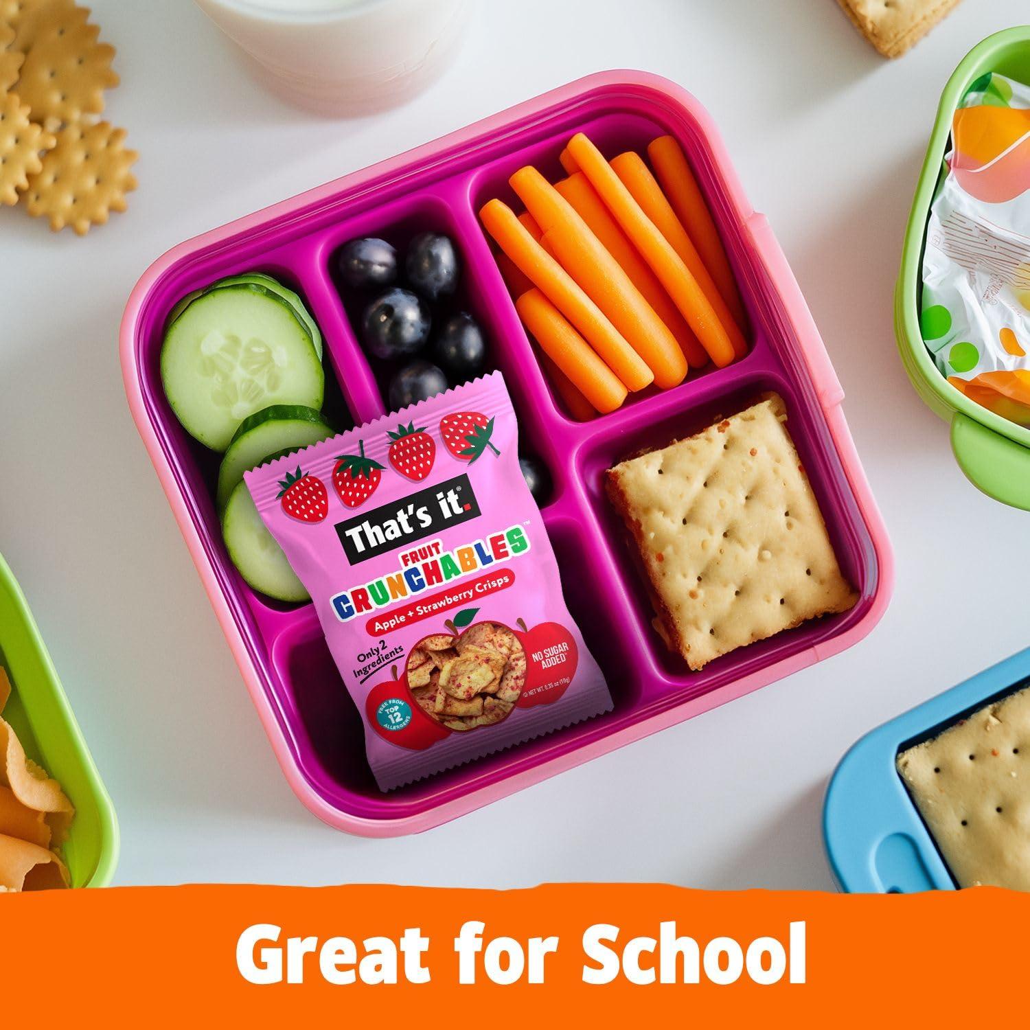 That’s it. Fruit Crunchables Apple + Strawberry Crisps, 15-Pack – 100% Real Fruit Snacks for Kids, Plant-Based, Non-GMO, Gluten-Free, No Sugar Added, Allergen-Free, Healthy Lunchbox Snack