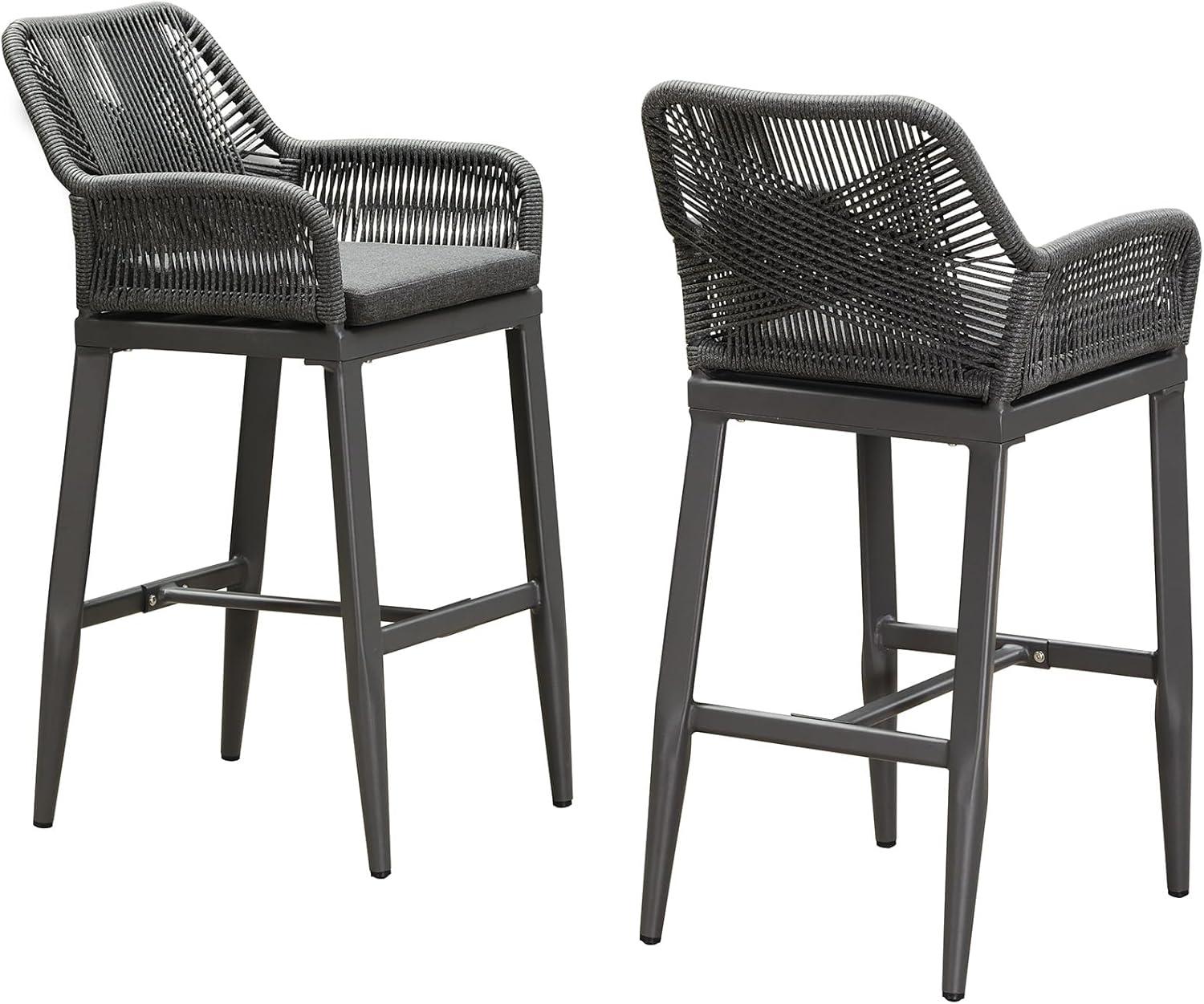 PURPLE LEAF Outdoor Wicker 29" Bar Stools Set of 2, Boho Patio Bar Height Chair with Cushion and Back for Outdoor and Indoor, Garden, Patio, Smoke Grey