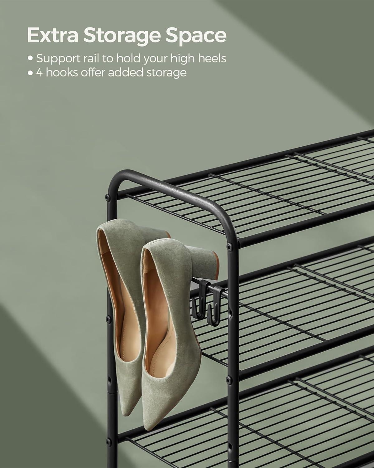 Ink Black 4-Tier Adjustable Metal Shoe Rack with Side Hooks