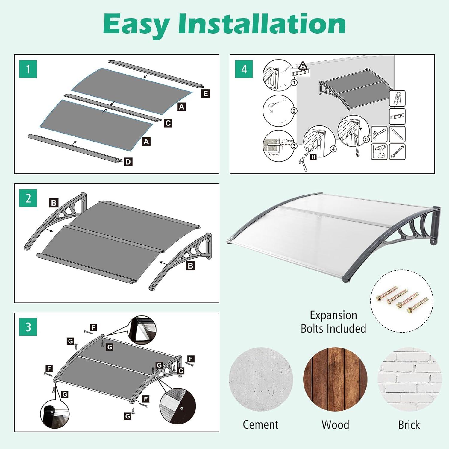 48" x 40" Window Awning, Awnings for Doors, with Hollow Sheet, Rain Snow Sunlight, Outdoor Awning Canopy Exterior for Porch, Deck, Patio, Balcony, Gray