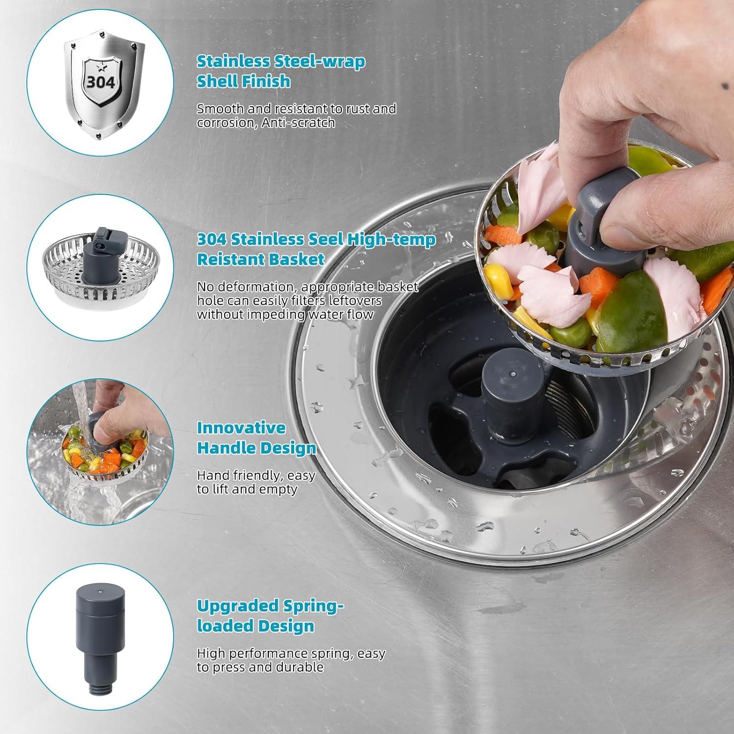 Hibbent 3-in-1 Kitchen Sink Drain Strainer  Stopper , Stainless Steel Pop-Up Design, Anti-Clogging Metal Basket with Handle, Compatible with US Standard 3-1/2" Drain