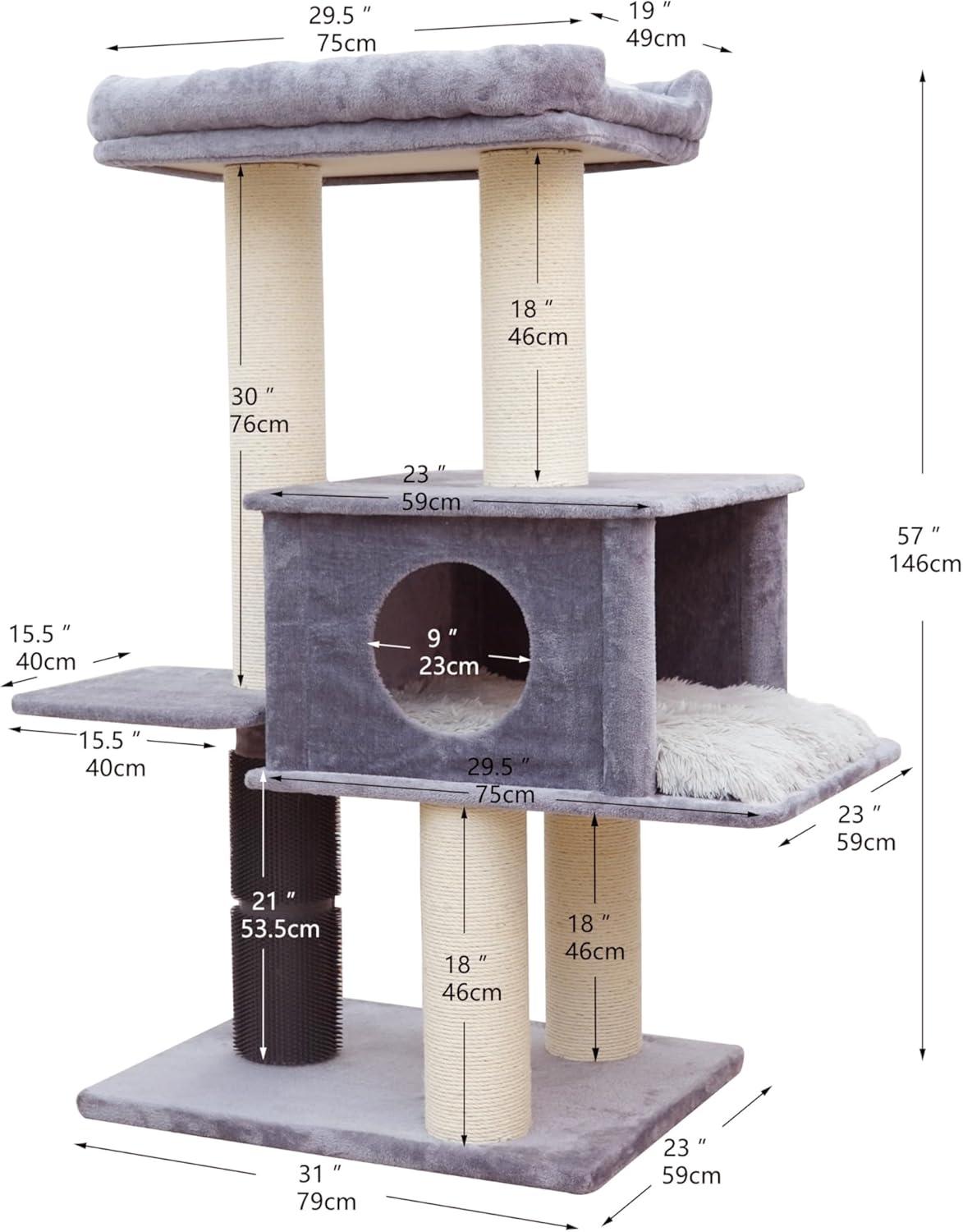 57" Cat Tree with Condo and Rubber Groomer