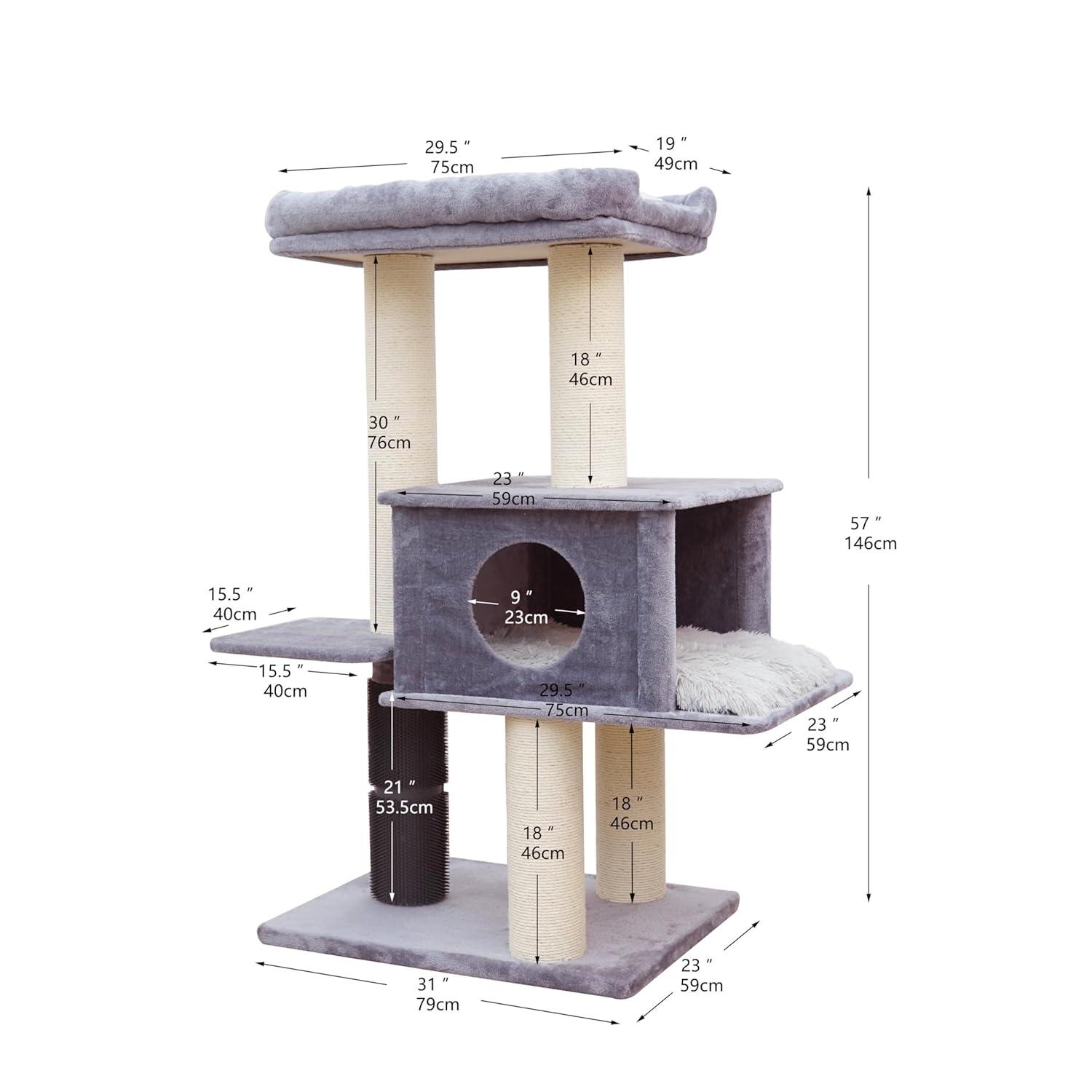 57" Cat Tree with Condo and Rubber Groomer