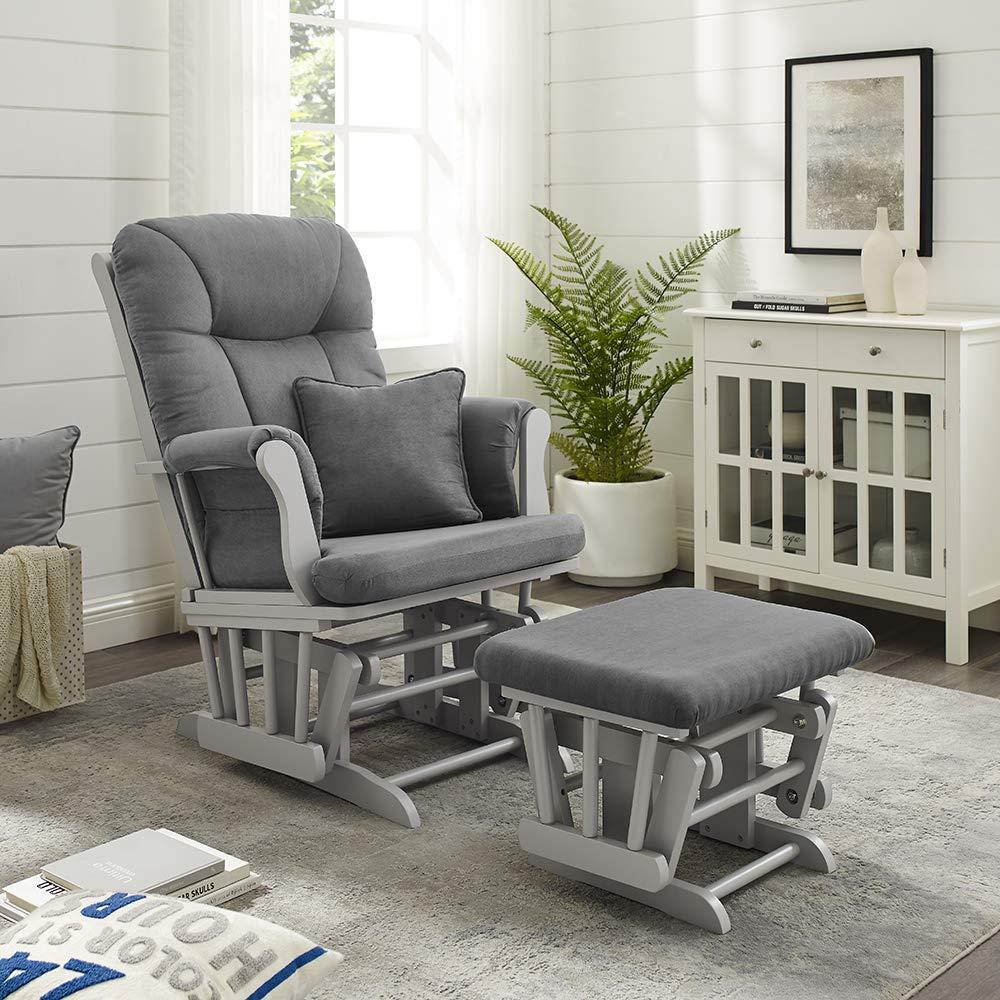 Gray Wooden Glider and Ottoman with Dark Gray Cushions