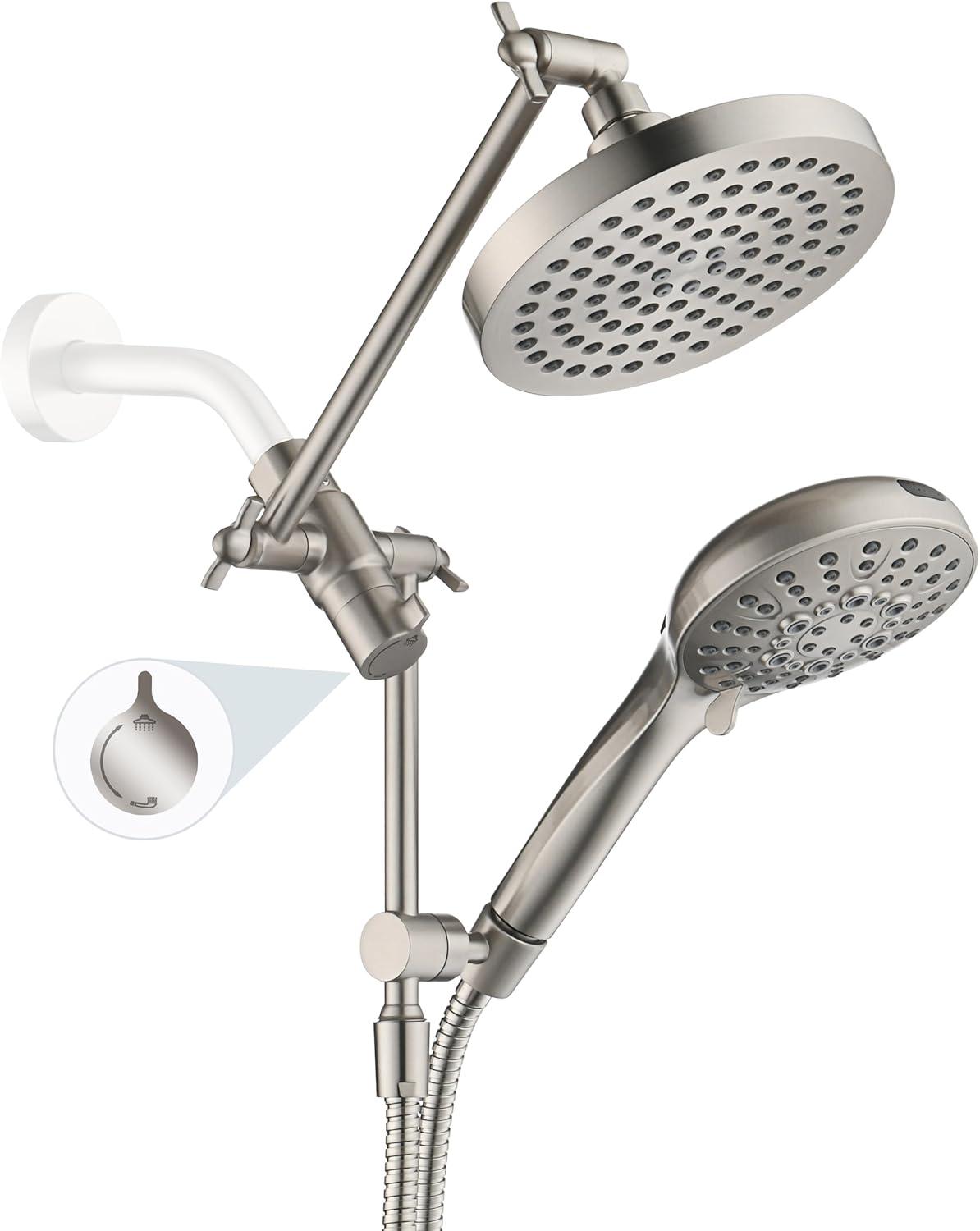 BRIGHT SHOWERS Rain Shower Head with Handheld Spray Built-in Power Wash, High Pressure Dual Shower Head with Adjustable Extension Arm, 3-Way Diverter, 9-Mode Handheld, 69” Long Hose, Brushed Nickel