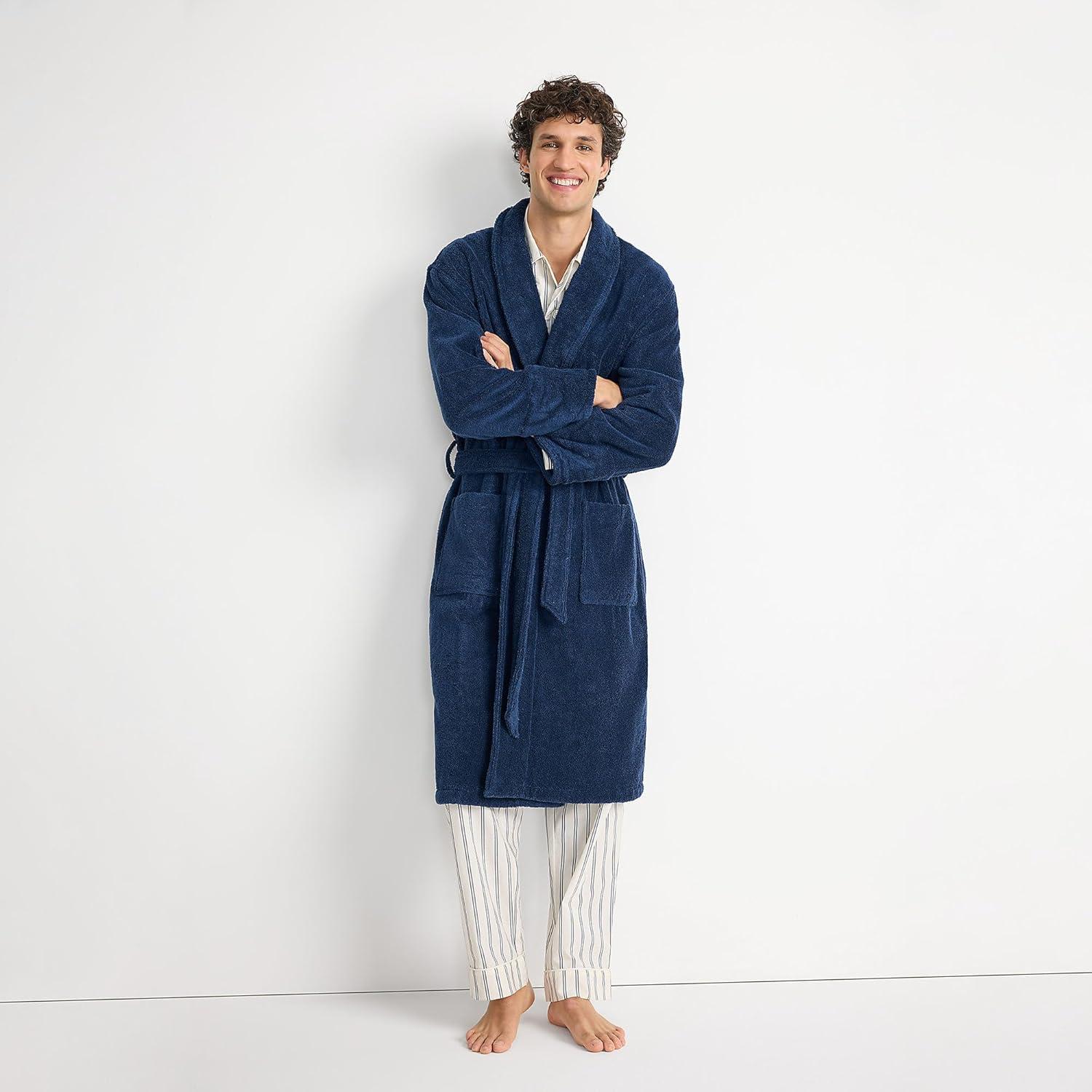 Lands' End Men's Calf Length Turkish Terry Robe - Medium - Deep Sea Navy