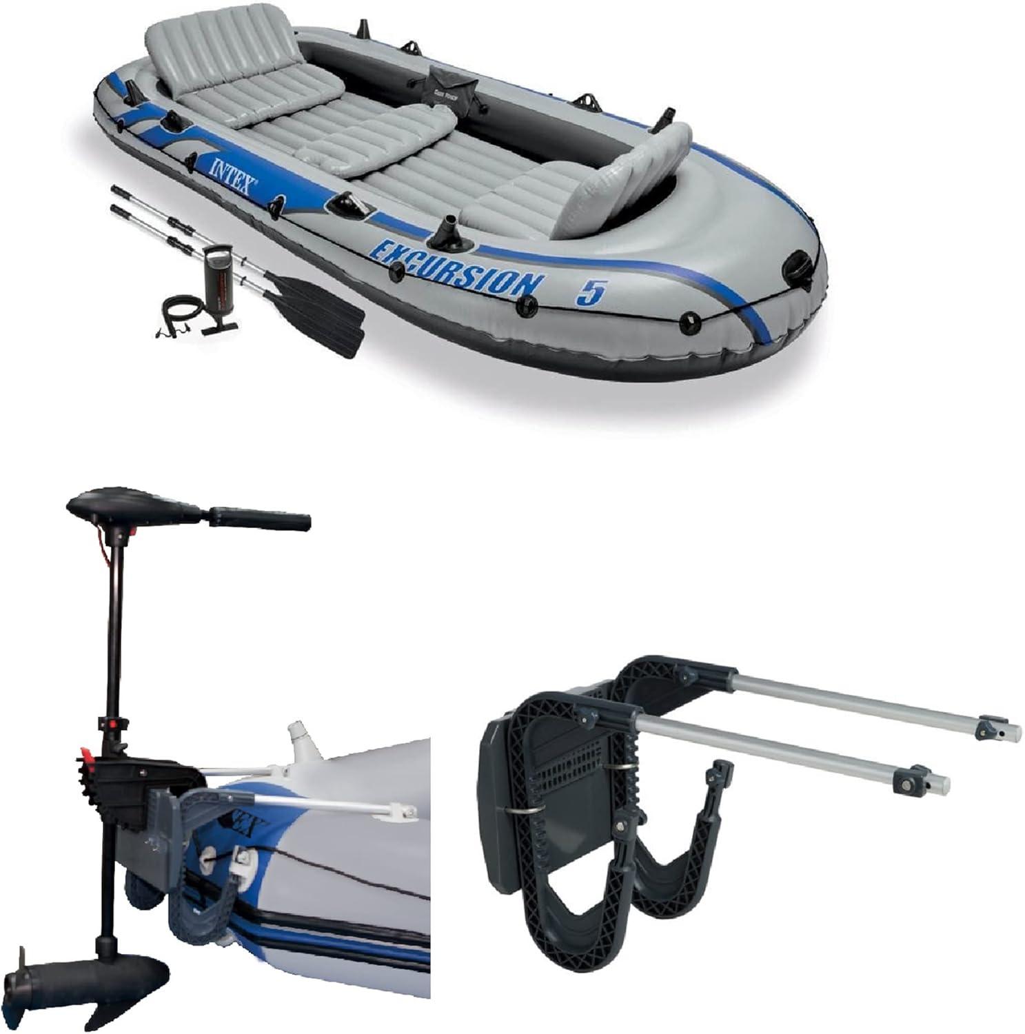 Intex 5-Person Gray Inflatable Fishing Boat Set with Motor