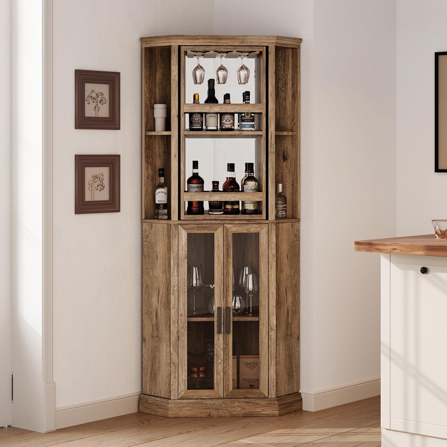 LINSY HOME Rotating Corner Bar Cabinet with Barn Door & Adjustable Shelves, 68.5" Tall Farmhouse Wine Cabinet with Liquor Shelves, Brown