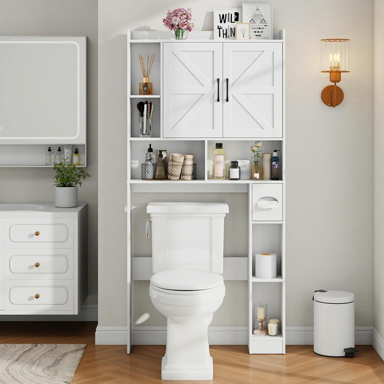 Over The Toilet Storage Cabinet, Farmhouse Storage Cabinet Over Toilet with Sliding Barn Door & Toilet Paper Holder Stand，Home Space-Saving Toilet Rack, for Bathroom, Restroom, Laundry（White）