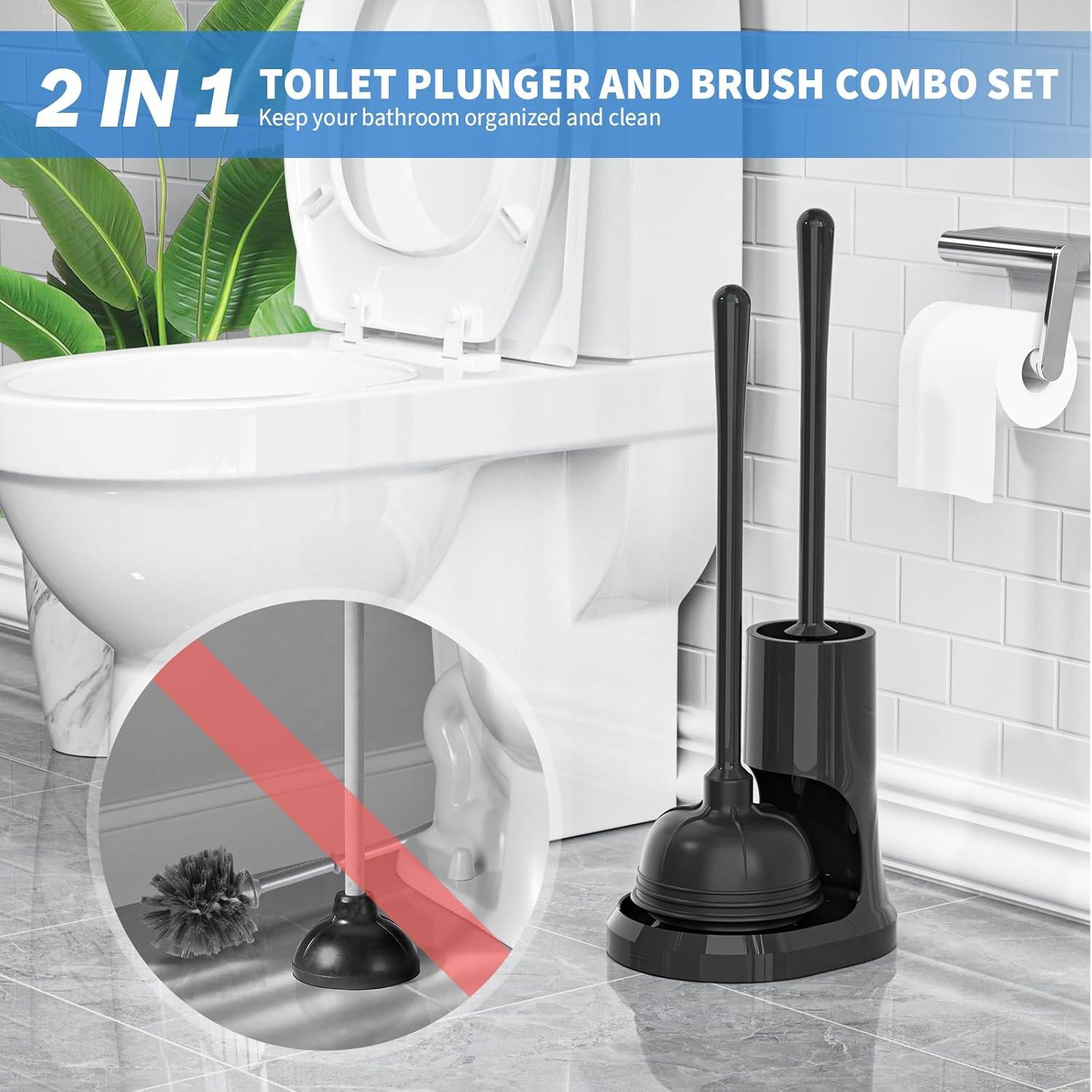 Toilet Plunger and Brush, Bowl Brush and Heavy Duty Toilet Plunger Set with Holder, 2-in-1 Bathroom Cleaning Combo with Modern Caddy Stand (Black, 2 Set)