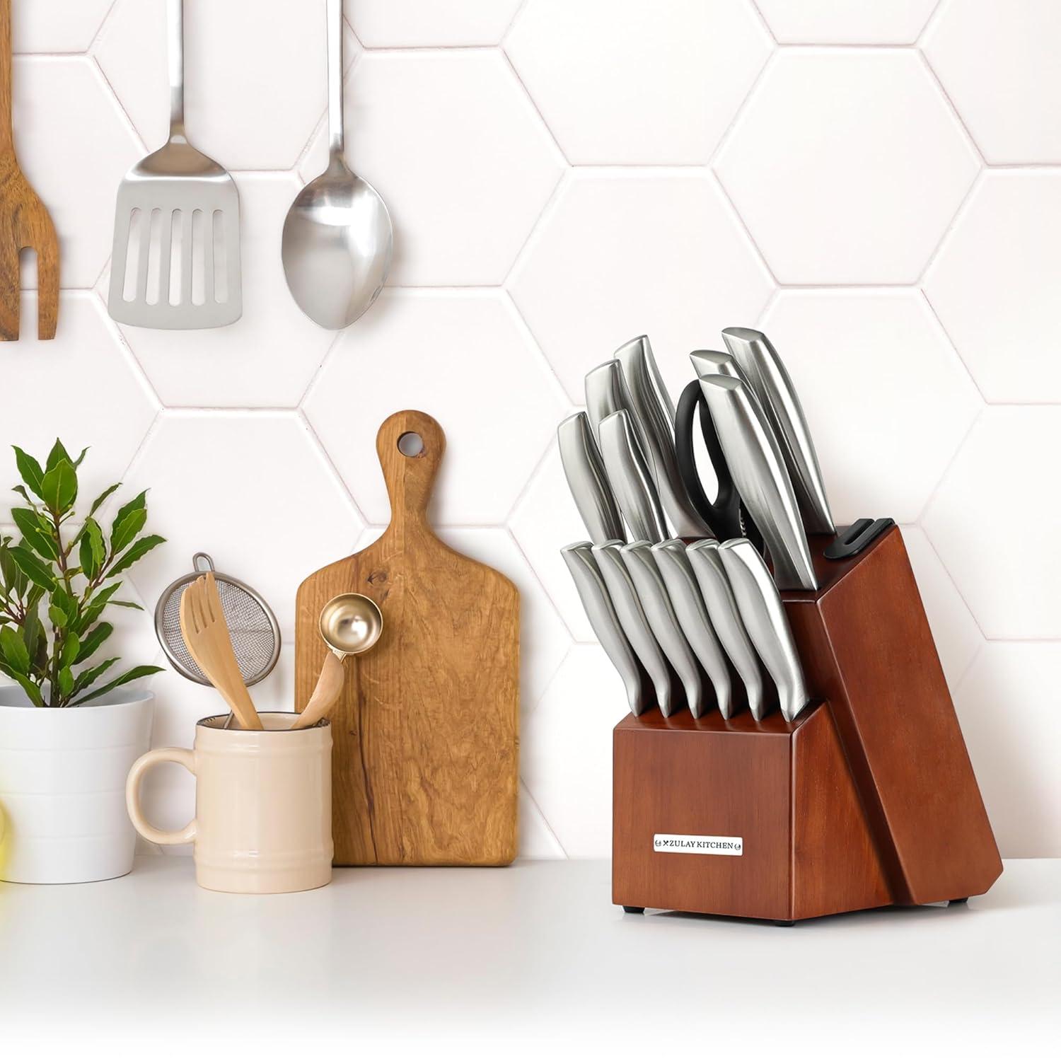 Zulay Kitchen Zulay Kitchen Premium 15-Piece Knife Set with Natural Wood Block and Built-in Sharpener