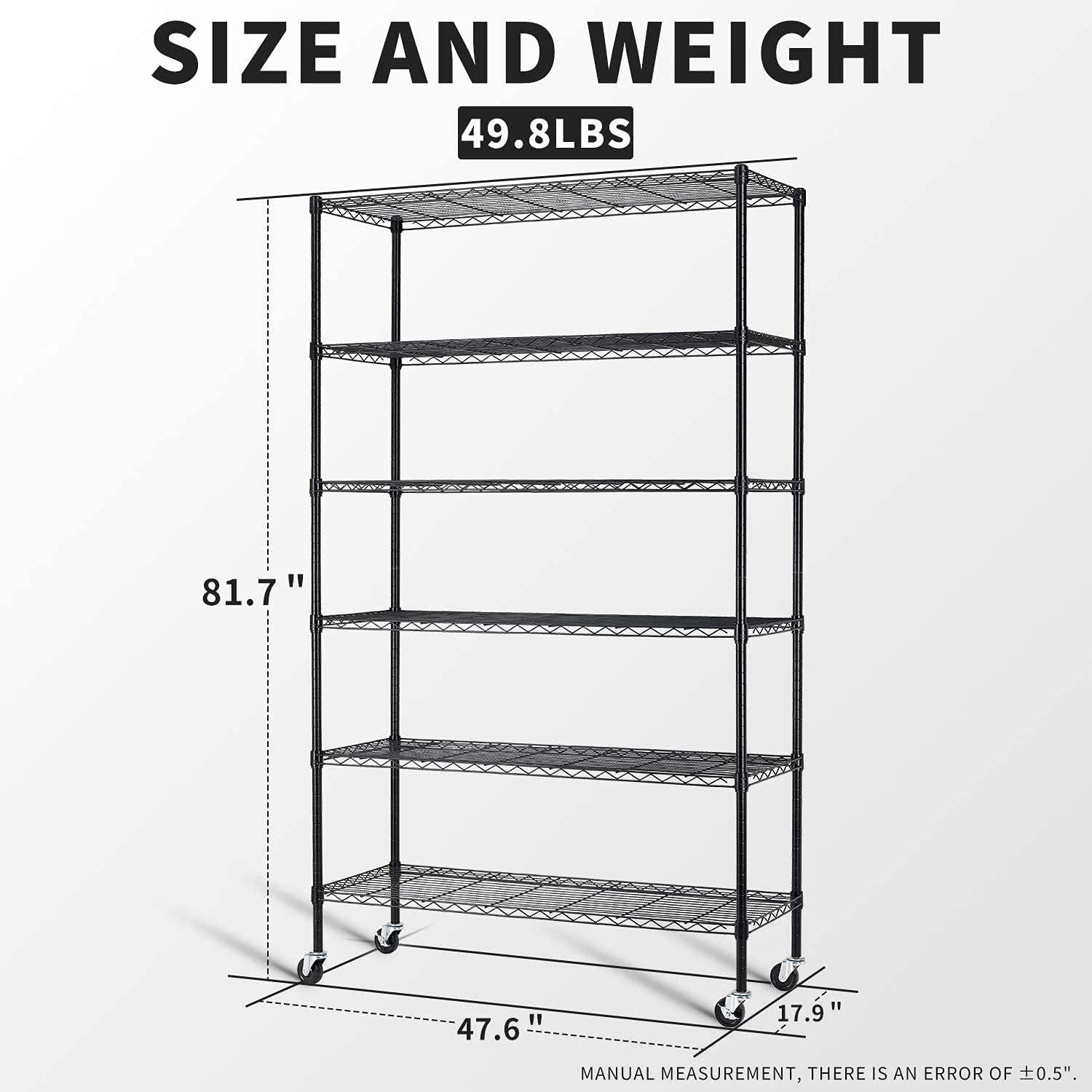 6-Tier Storage Shelves NSF Certified Wire Shelving Unit on Wheels Heavy Duty Metal Shelves Adjustable Steel Shelving 2100Lbs Capacity for Closet Pantry Basement- (18"x48"x82", Black)