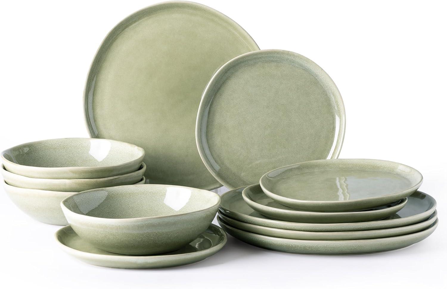 Olive Green and White Ceramic Dinnerware Set for 4