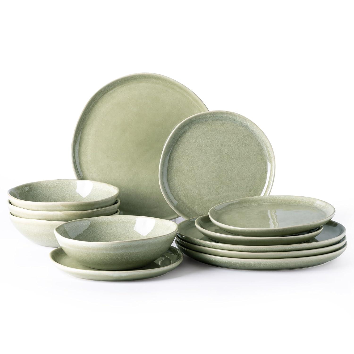 Olive Green and White Ceramic Dinnerware Set for 4