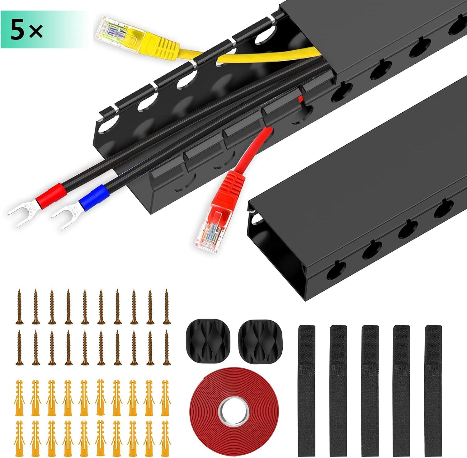 Updated Cable Raceway Kit - 77 (5x15.4) Inch Open Slot Wire Covers for Cords, Under Desk Cable Management System to Hide Under Desk/Tv/Computer/Net/Power Cords, (Pack 5)