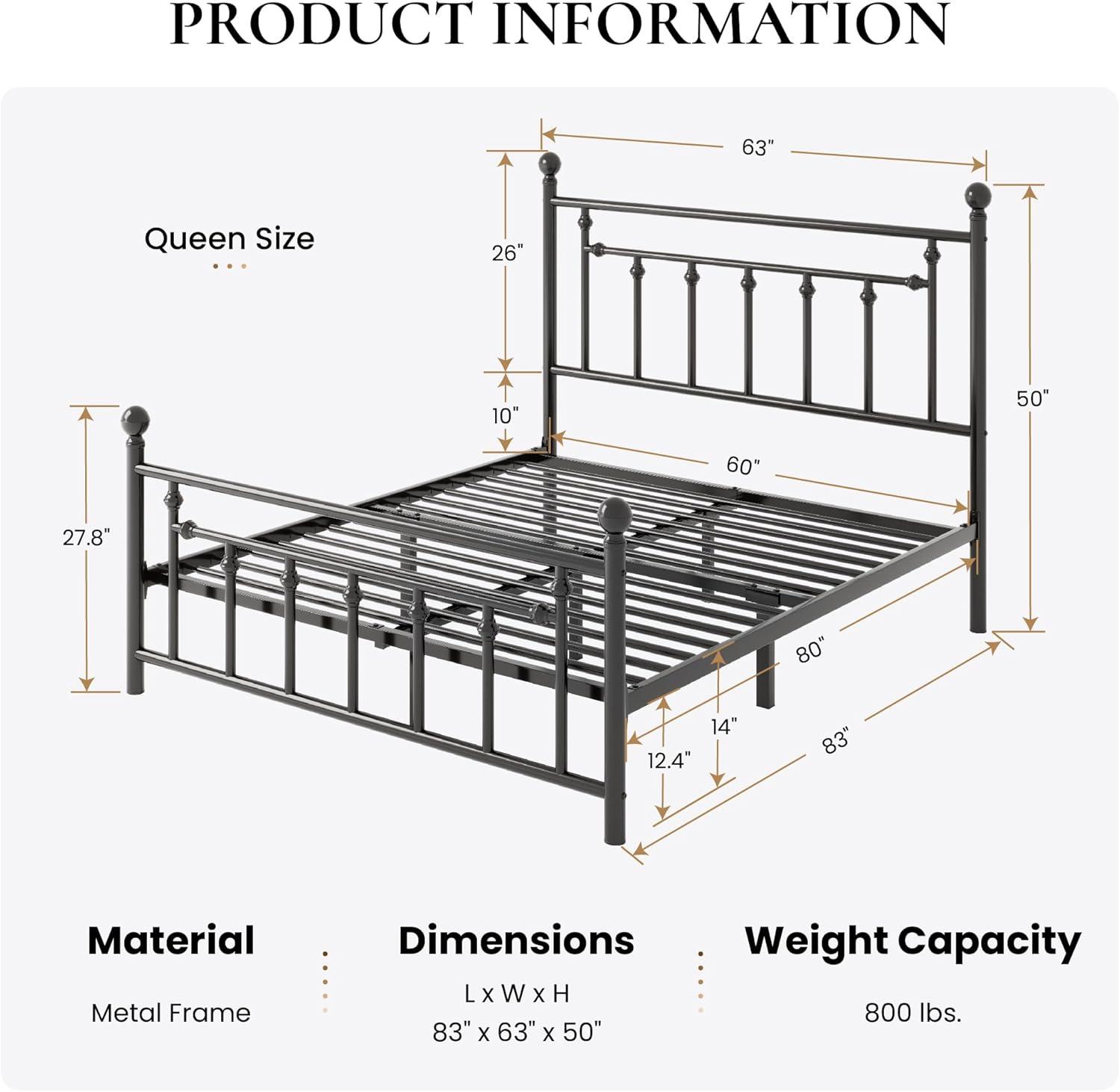 Black Metal Queen Platform Bed Frame with Victorian Headboard and Storage