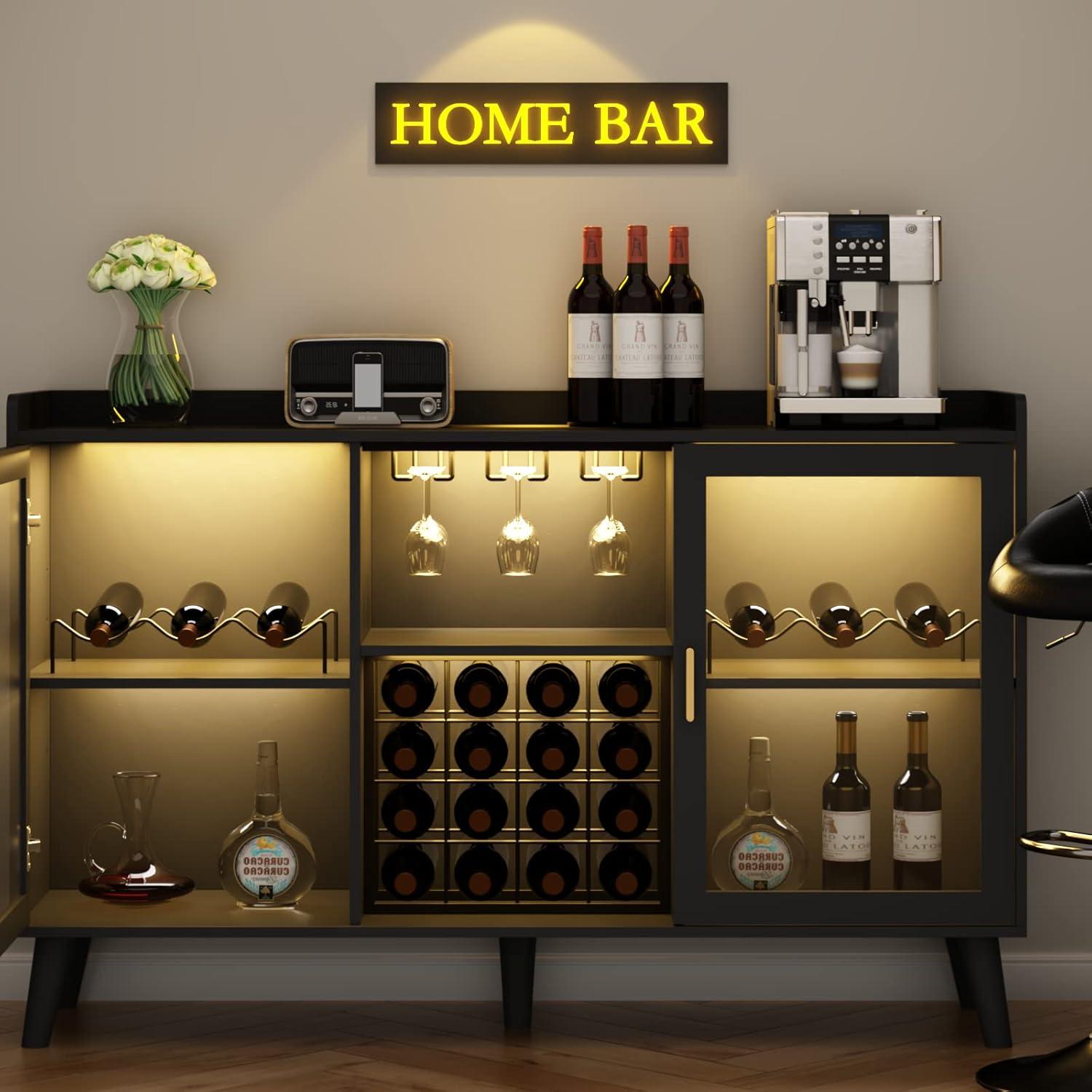 Auromie Wine Bar Cabinet with LED Light, Home Coffee Cabinet with Wine & Glass Rack, Kitchen Buffet Sideboard with Storage Shelves, Freestanding Liquor Cabinet for Living Room, Dining Room, Black