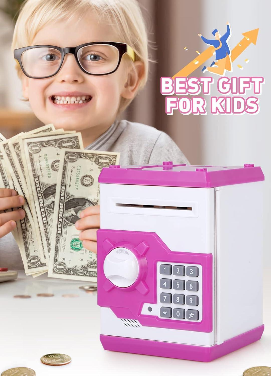 Piggy Bank for Girls Boys Large Electronic Money Coin Banks with Password Protection, Automatic Paper Money Scroll Saving Box, Great Gift for Kids (Pink-White)