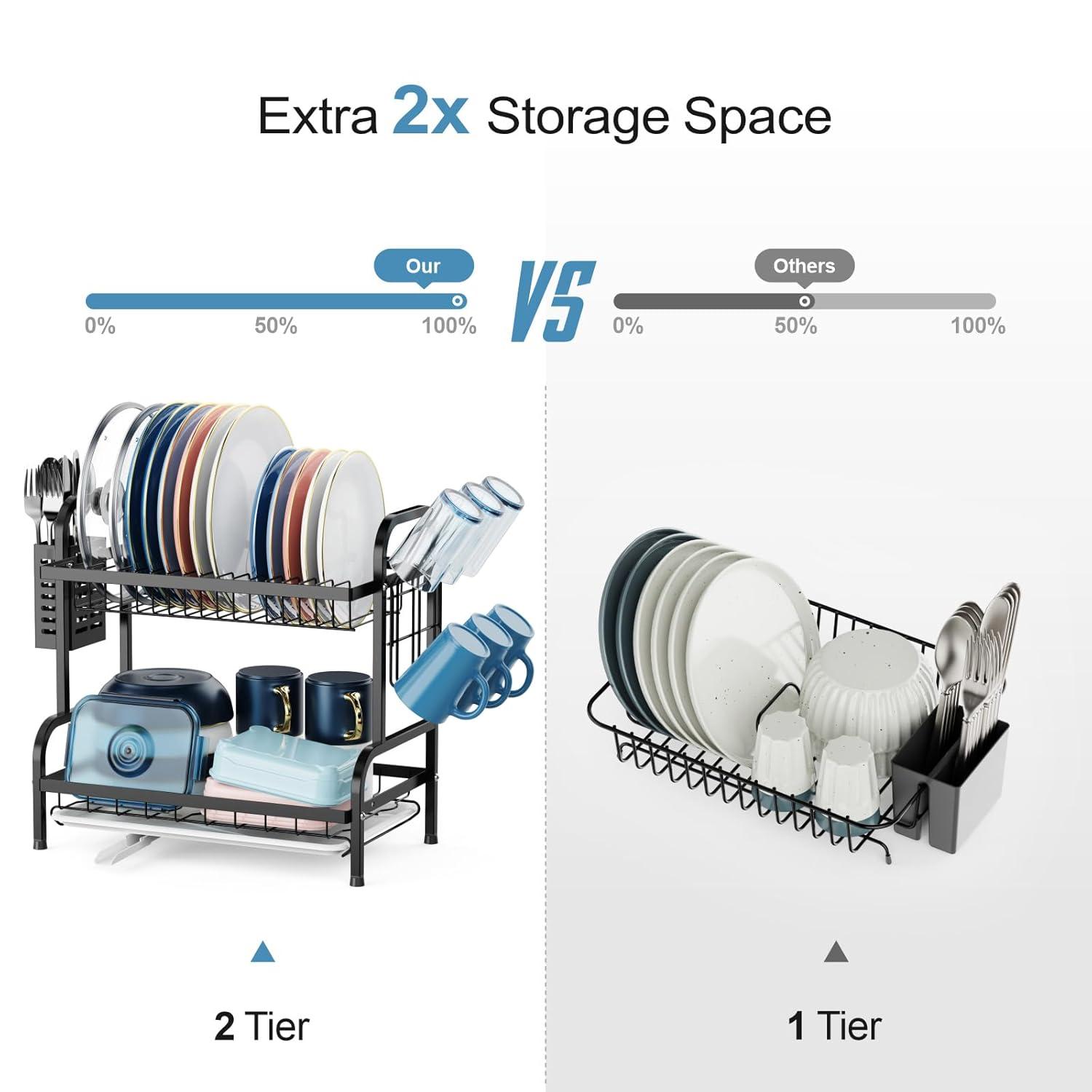 2 Tier Dish Drying Rack for Kitchen Counter，Stainless Steel Large Capacity Dish Rack with Detachable Dish Drainer Organizer，Utensil Holder and Drain Board