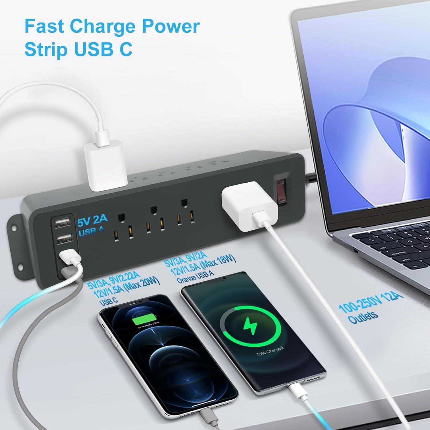 9 Outlets Wall Mount Power Strip with USB C PD, Triangle Double Side Outlet Extender Strip Fast Charge USB-A Ports & 1 PD USB C Port Flat Plug Mountable Desk Charging Station for Office Home Dorm