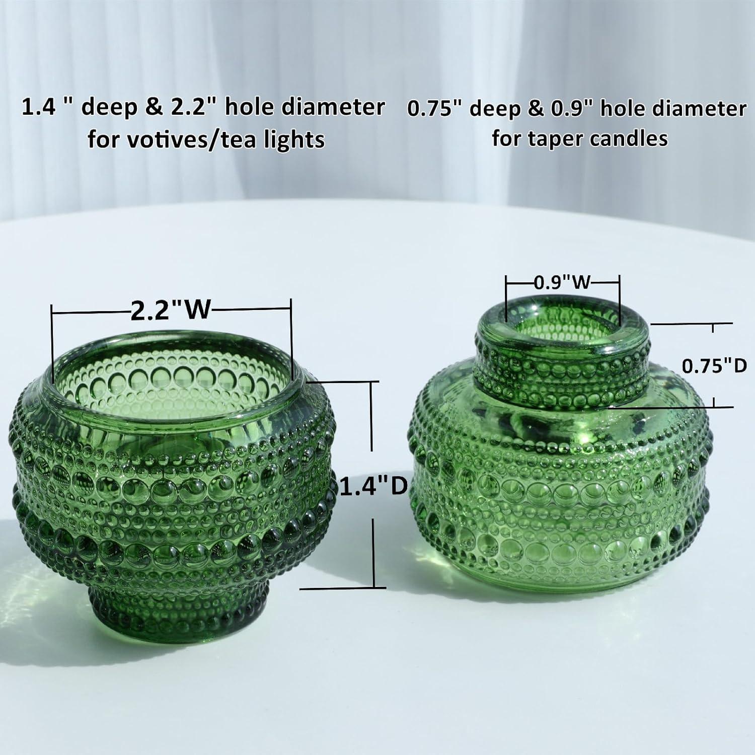 Green Ribbed Glass Reversible Candlestick Holders, Set of 4