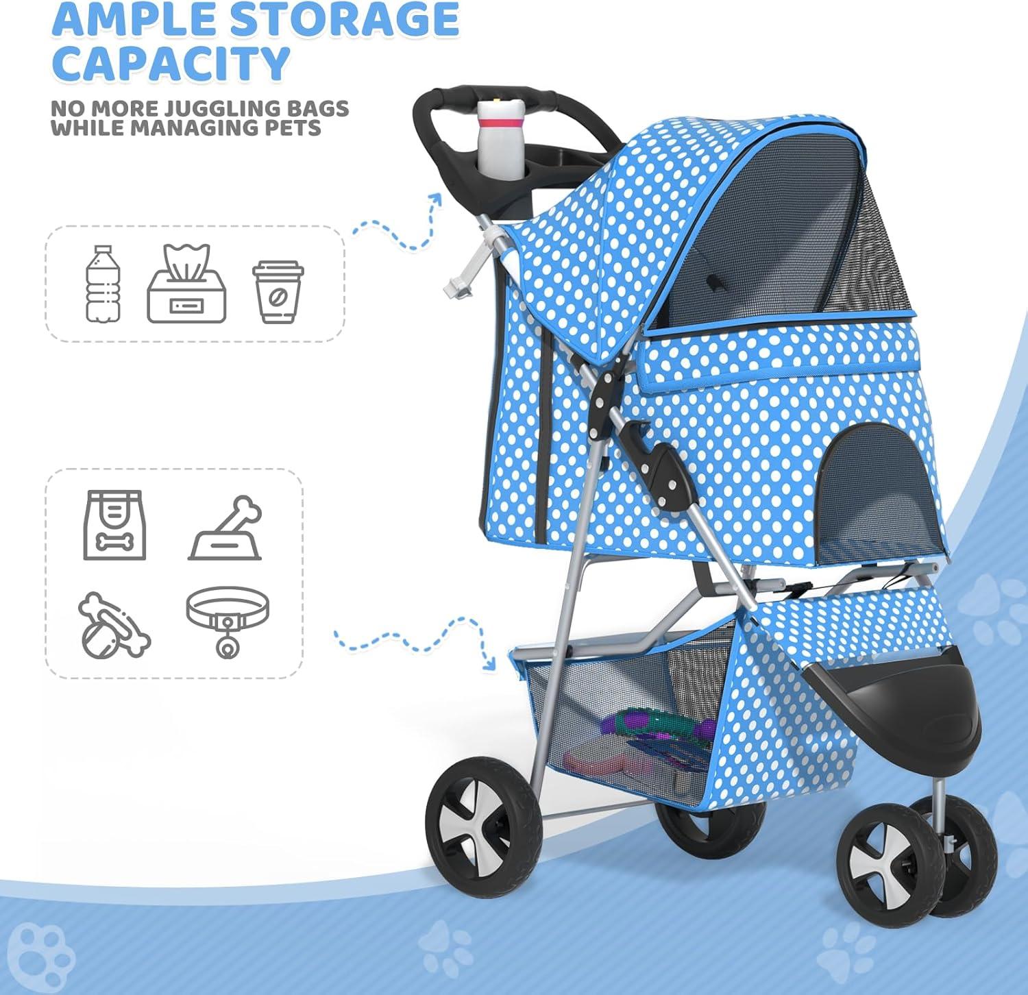 Magshion Foldable Pet Dog and Cat Stroller with Adjustable Canopy Storage Basket and Cup Holder for Small and Medium Pets