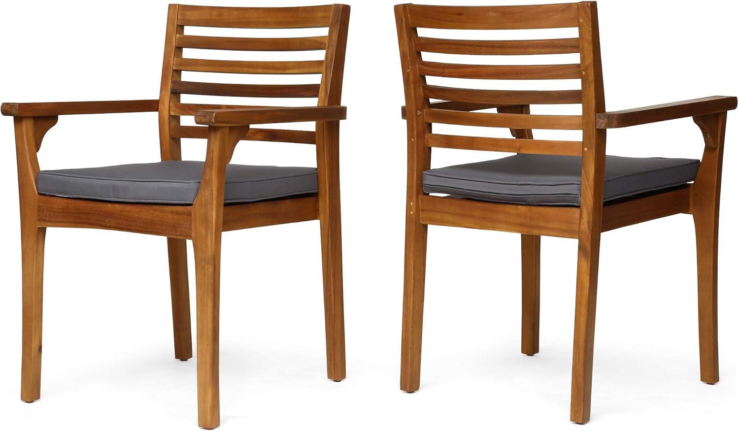 Teak and Dark Gray Acacia Wood Patio Dining Chairs with Cushions, Set of 2