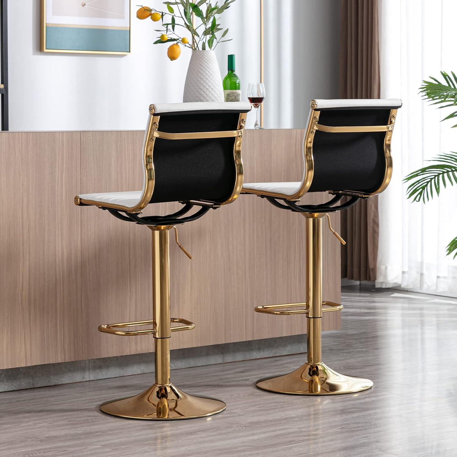 Flash Furniture Modern White Vinyl Adjustable Bar Stool with Back, Counter Height Swivel Stool with Gold Pedestal Base, Set of 2