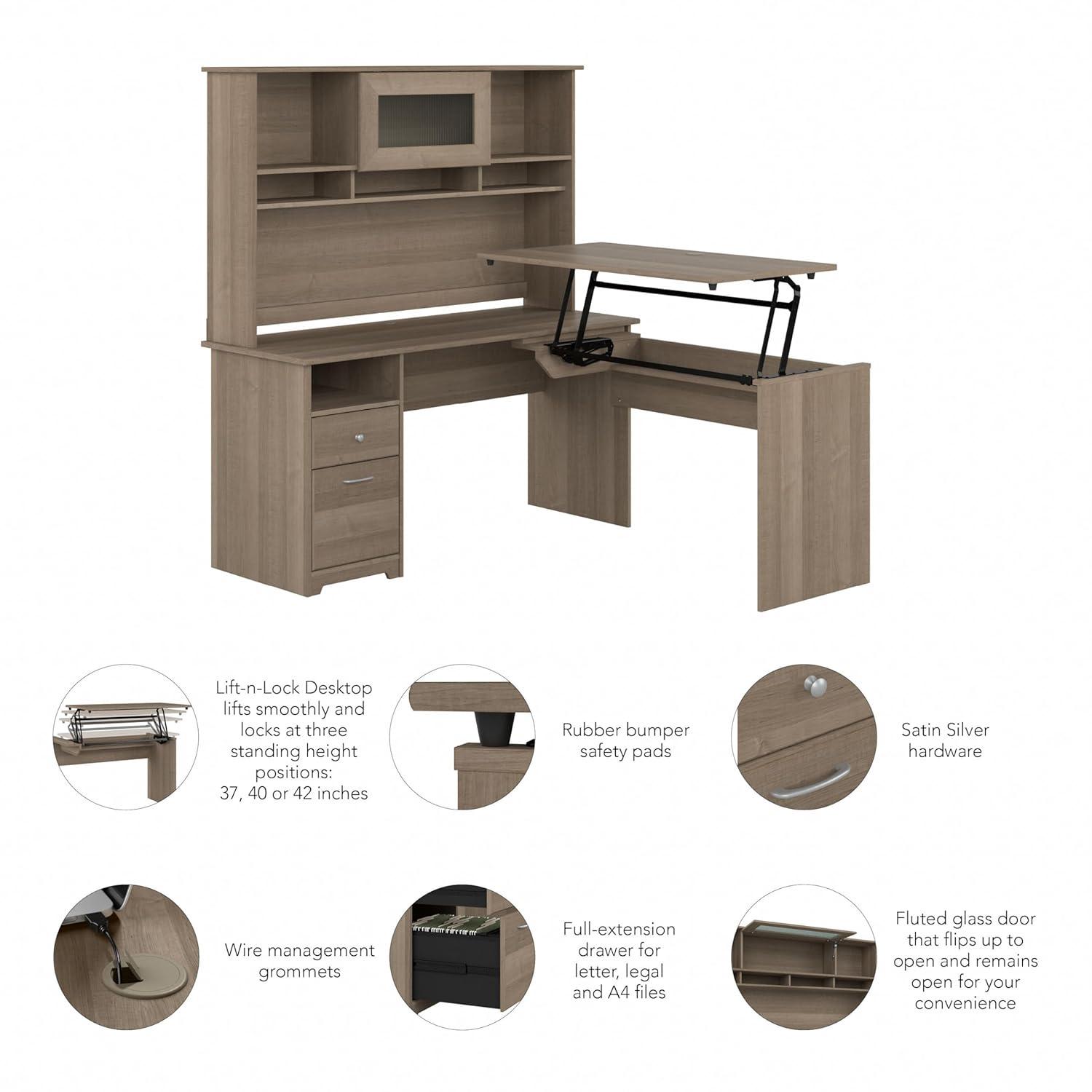 Cabot 60W Sit to Stand L Shaped Desk with Hutch in Modern Gray - Engineered Wood