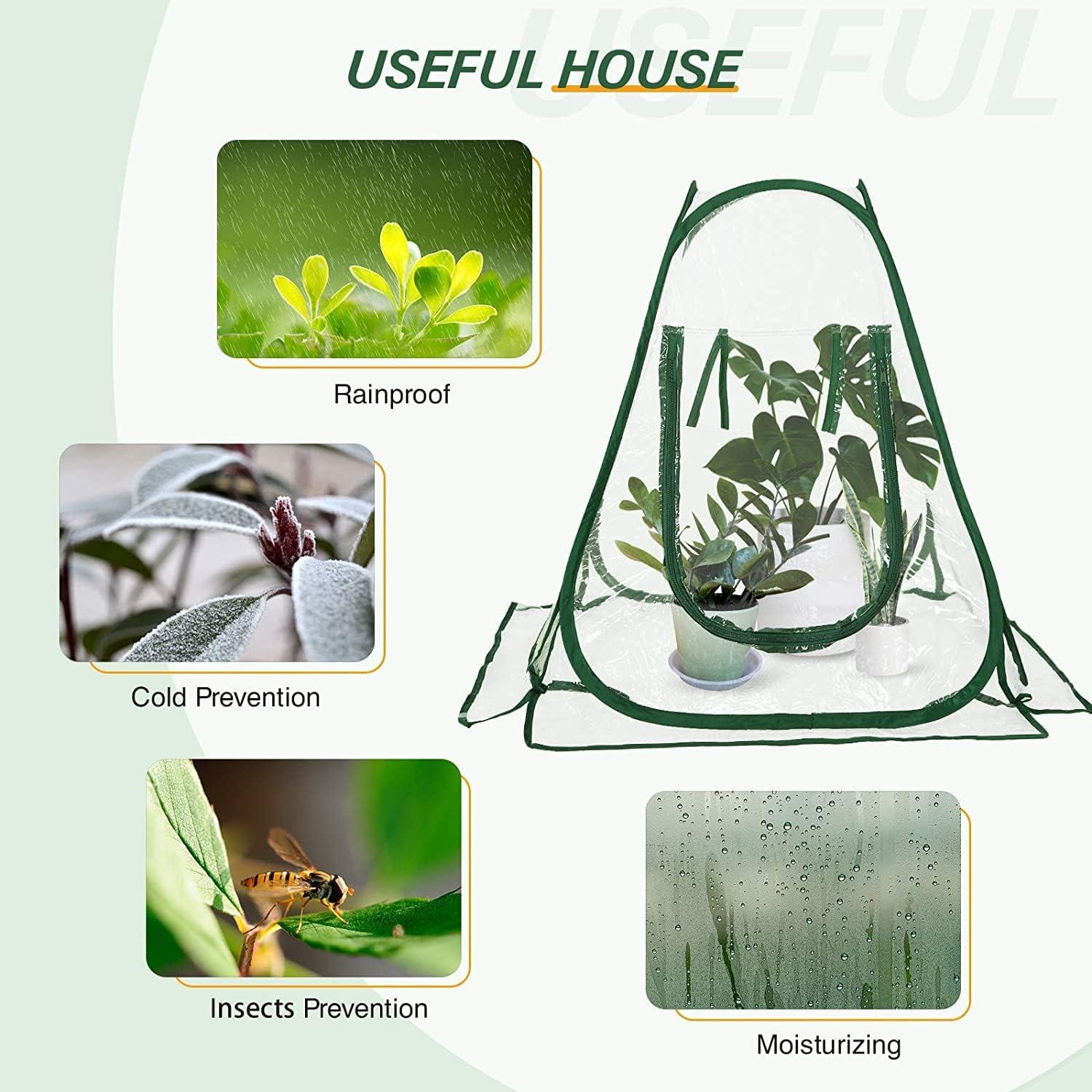 Easy Set-up Mini Greenhouse Pack of 2 Mini Pop up Flower House Backard Garden Plant Cover for Cold Forst Protection PVC Sunshine Room with Stakes and Carrybag (27" L x 27" W x 31" H)