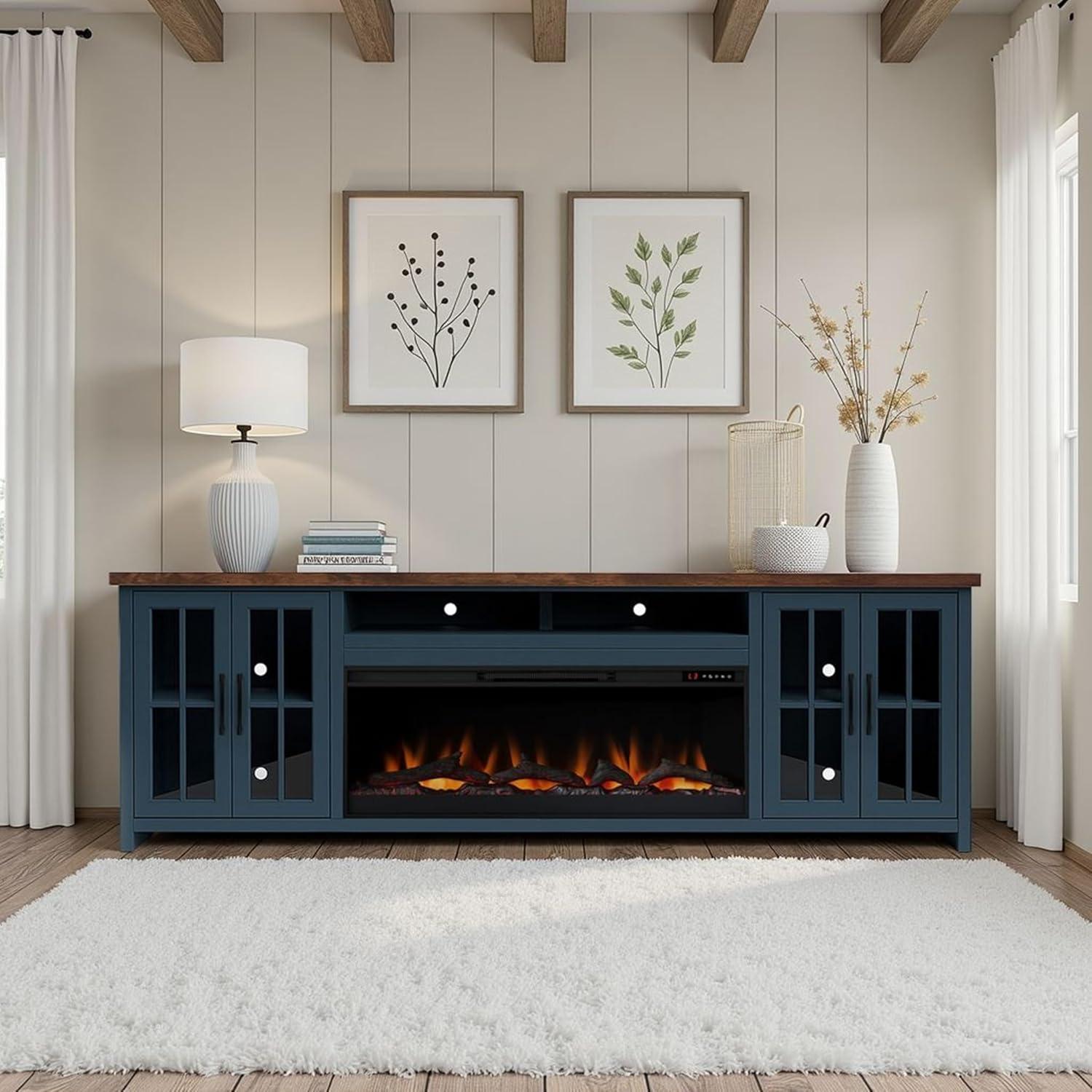DeeHome Bridgevine Home Nantucket 97 inch Fireplace TV Stand Console for TVs up to 100 inches, Blue Denim and Whiskey Finish