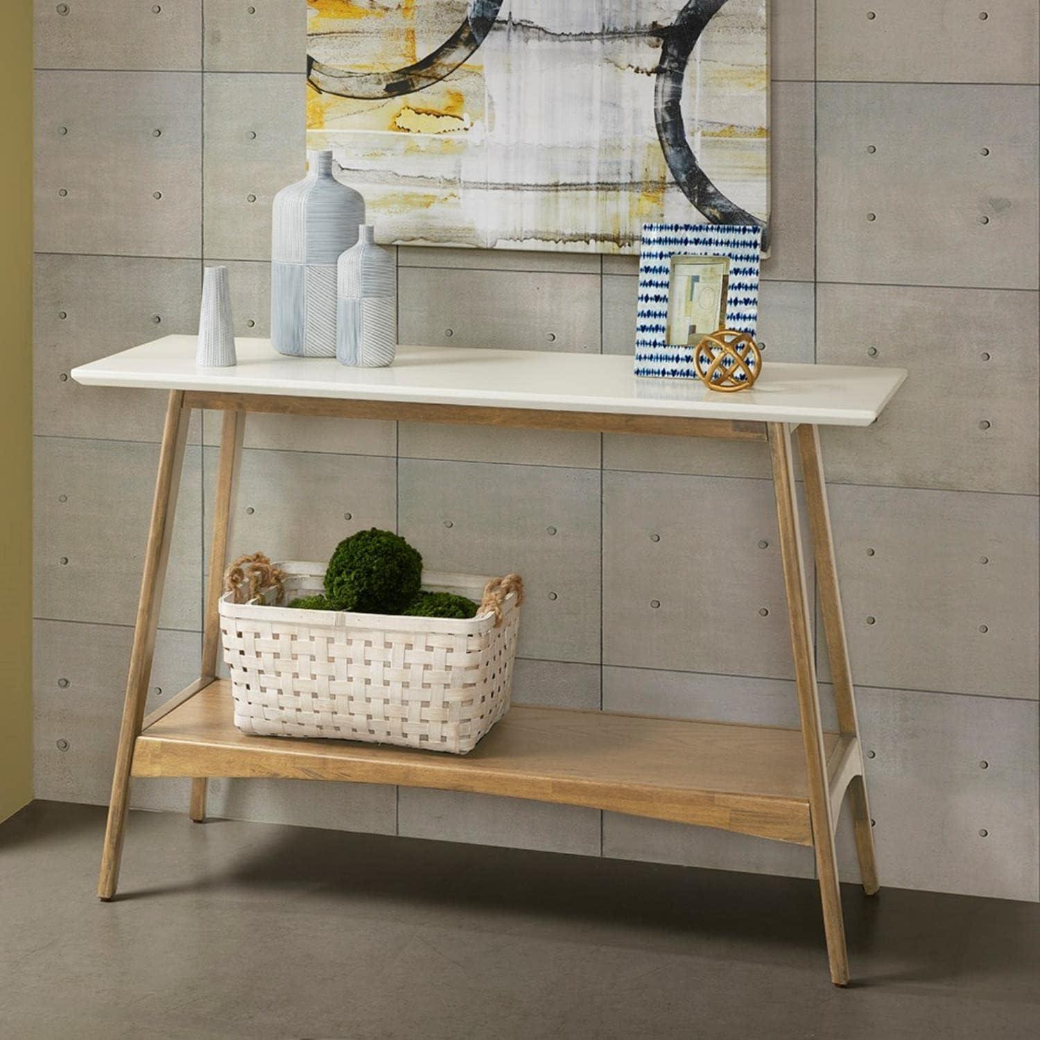 Mid-Century Two-Tone Off-White and Wood Console Table with Shelf