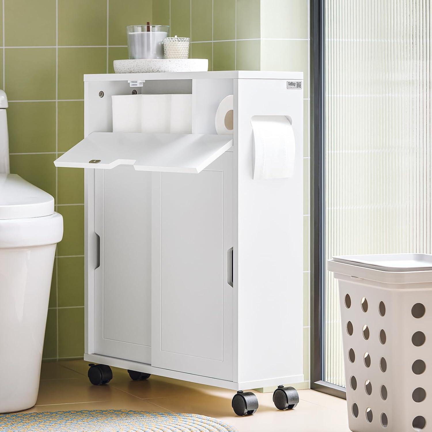 White MDF Bathroom Cabinet with Adjustable Shelving and Wheels