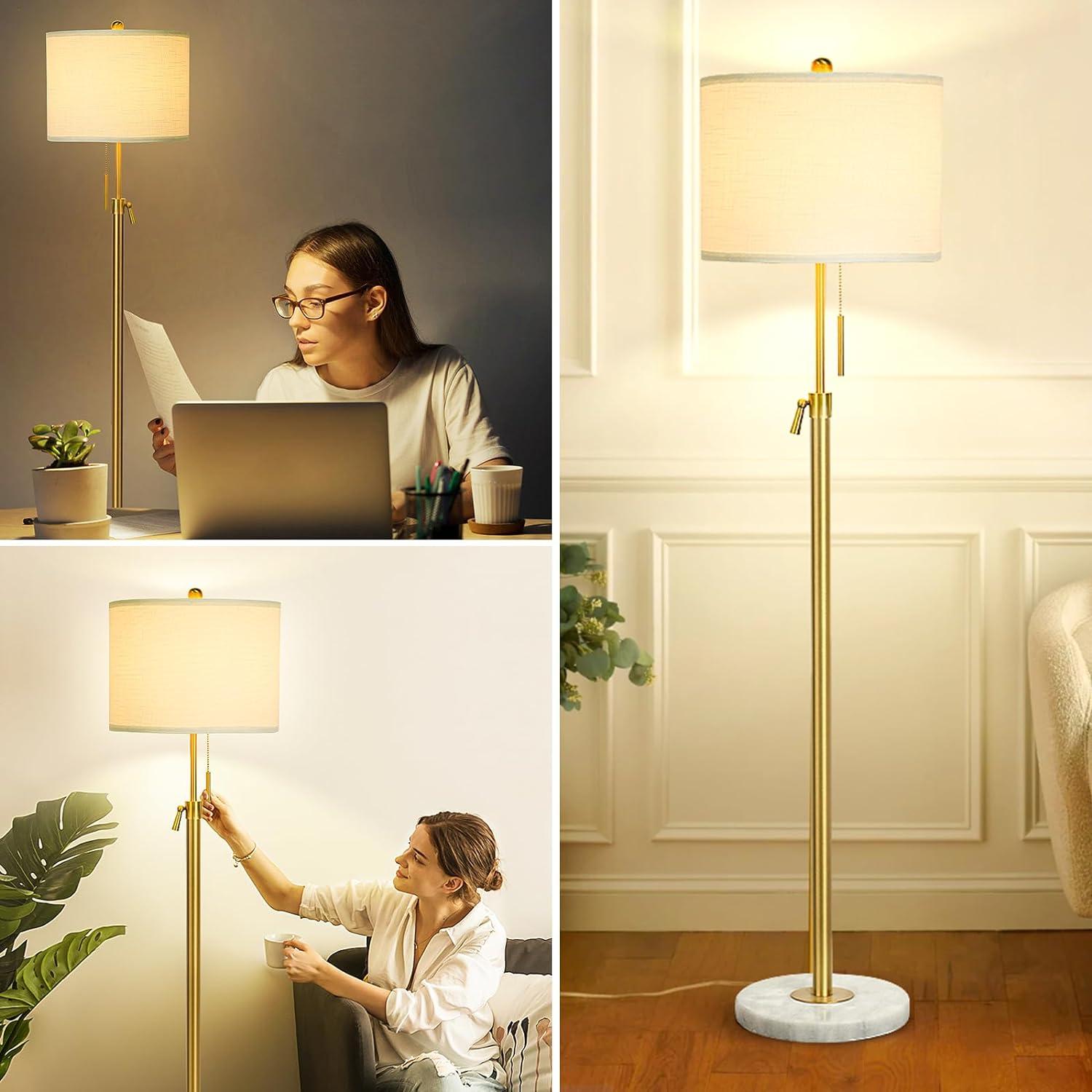 Adjustable Gold Floor Lamp with Marble Base and White Linen Shade