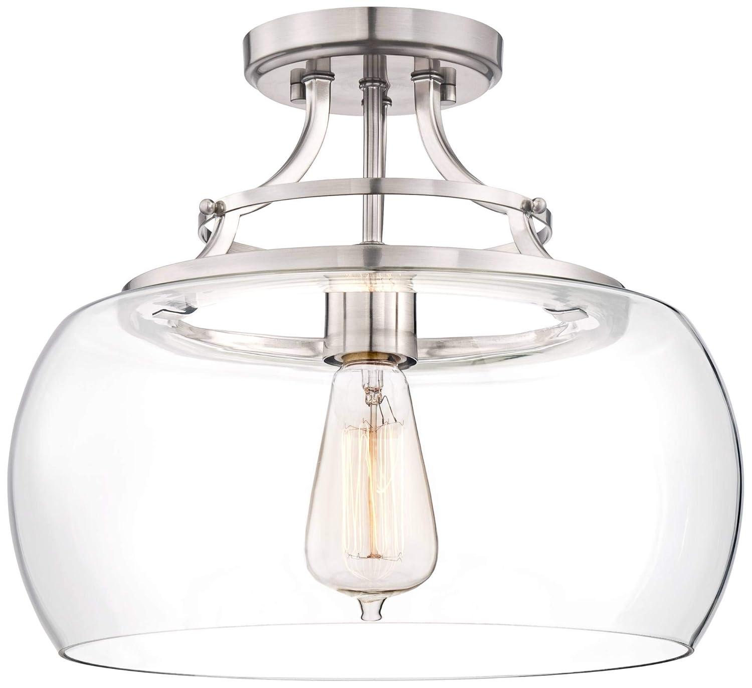 Franklin Iron Works Charleston Modern Industrial Ceiling Light Semi Flush Mount Fixture 13 1/2" Wide Brushed Nickel LED Clear Glass Shade for Bedroom