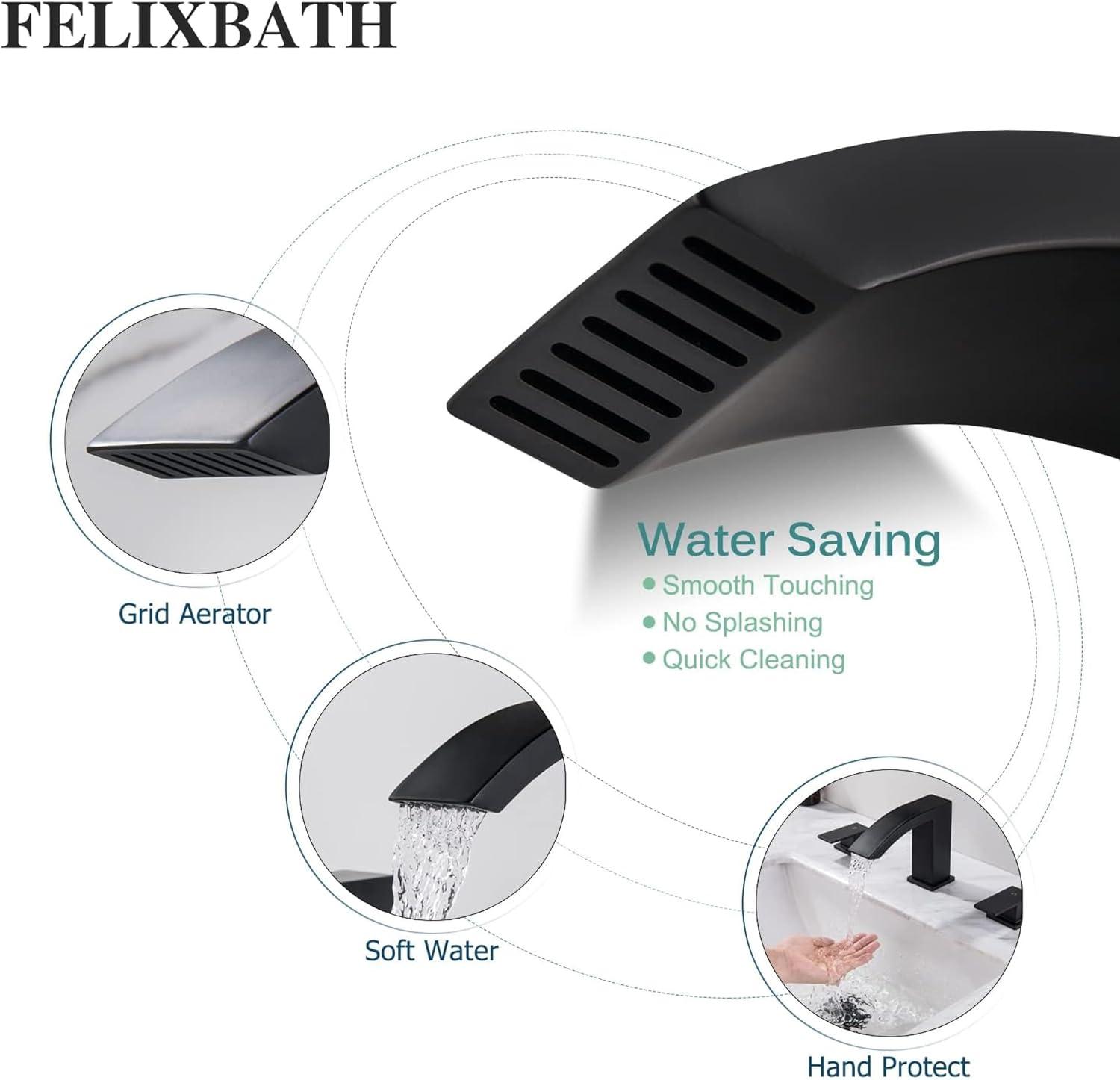 Waterfall Bathroom Sink Faucet, 3 Holes Two Handles Bathroom Faucet with Pop Up Drain and 2 Water Supply Lines, 8 inch Widespread Bathroom Sink Faucet Matte Black