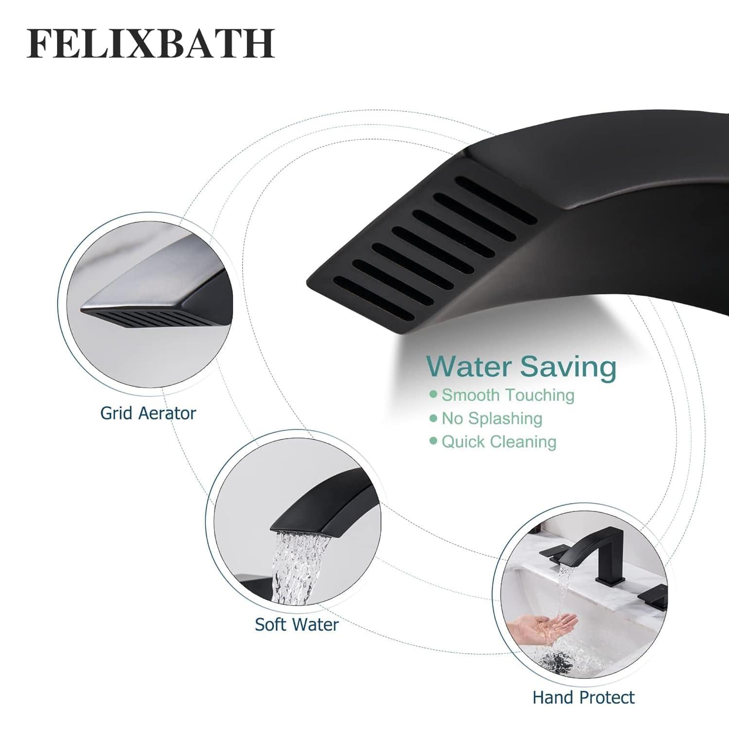 Waterfall Bathroom Sink Faucet, 3 Holes Two Handles Bathroom Faucet with Pop Up Drain and 2 Water Supply Lines, 8 inch Widespread Bathroom Sink Faucet Matte Black