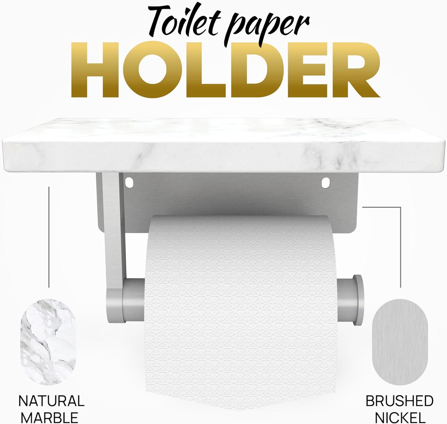 Shelve Toilet Paper Holder with Natural Double Marble Shelf, Screw Wall Mounted, Tissue Roll Holder